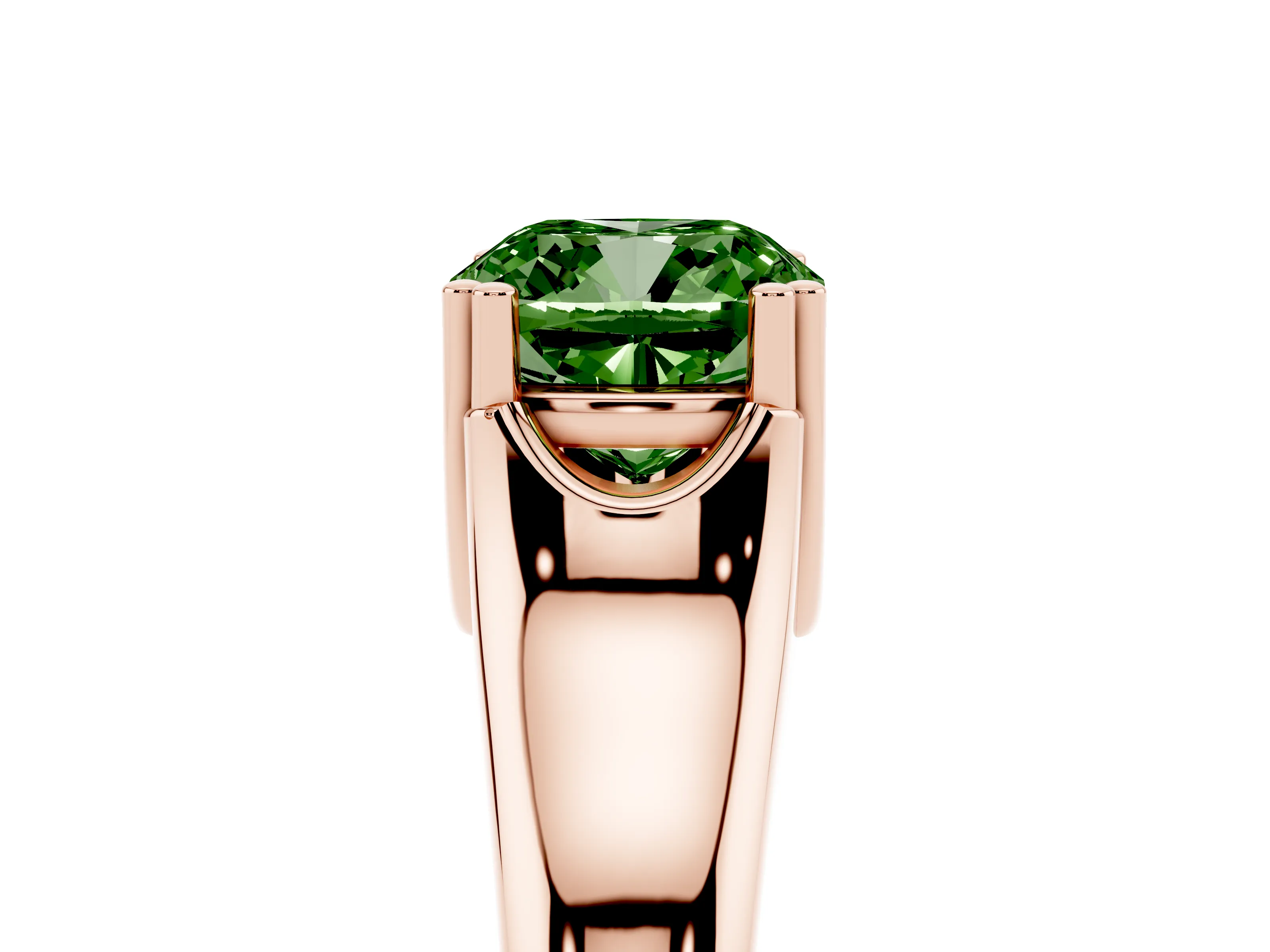 Fancy Green Cushion Cut Diamond Solitaire Ring Set in Rose gold with Wide Band and Prong Setting