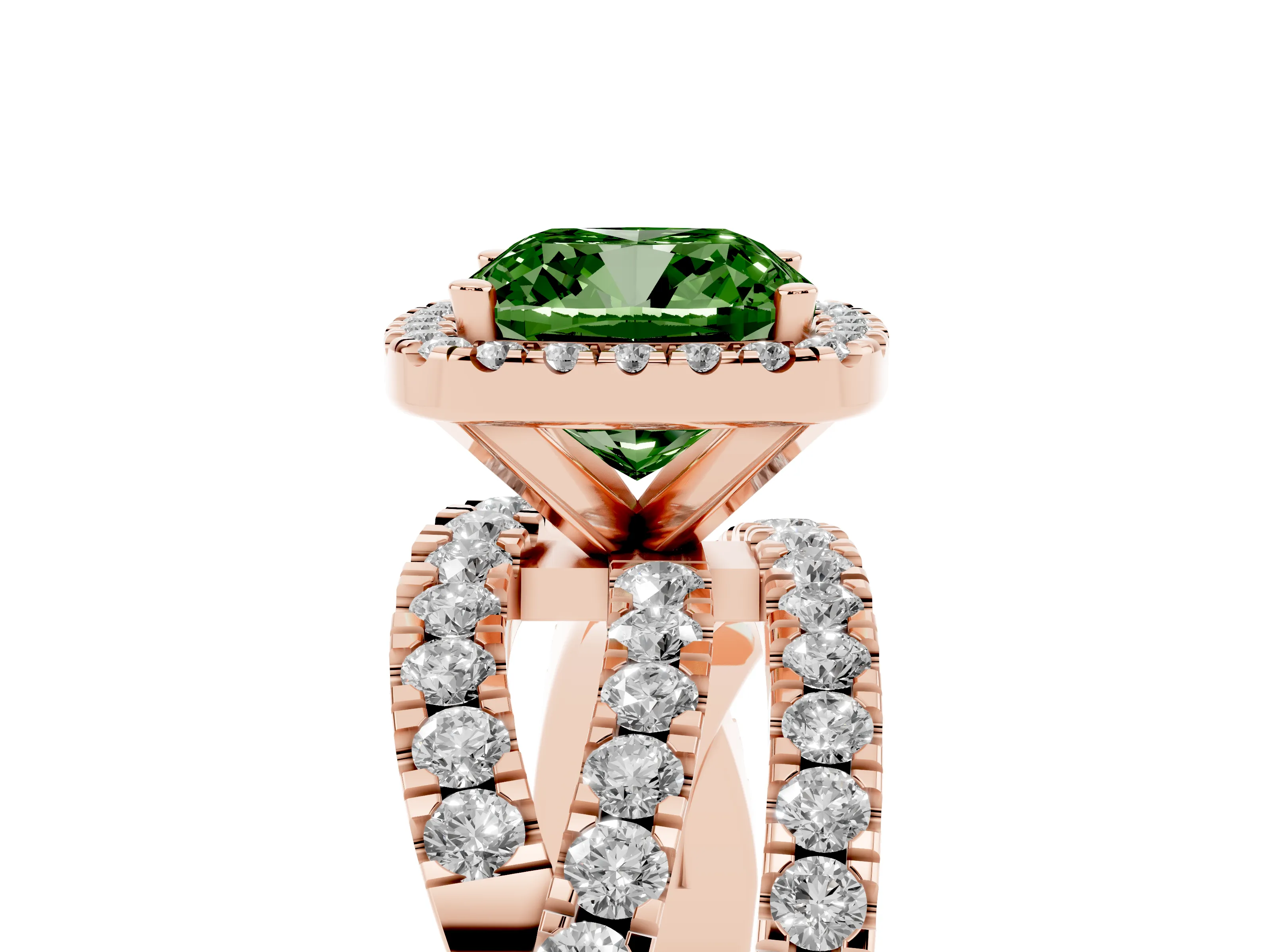 Fancy Green Cushion Cut Diamond Halo Ring Set in Rose gold with Round Crossover Split Shank and Prong Setting