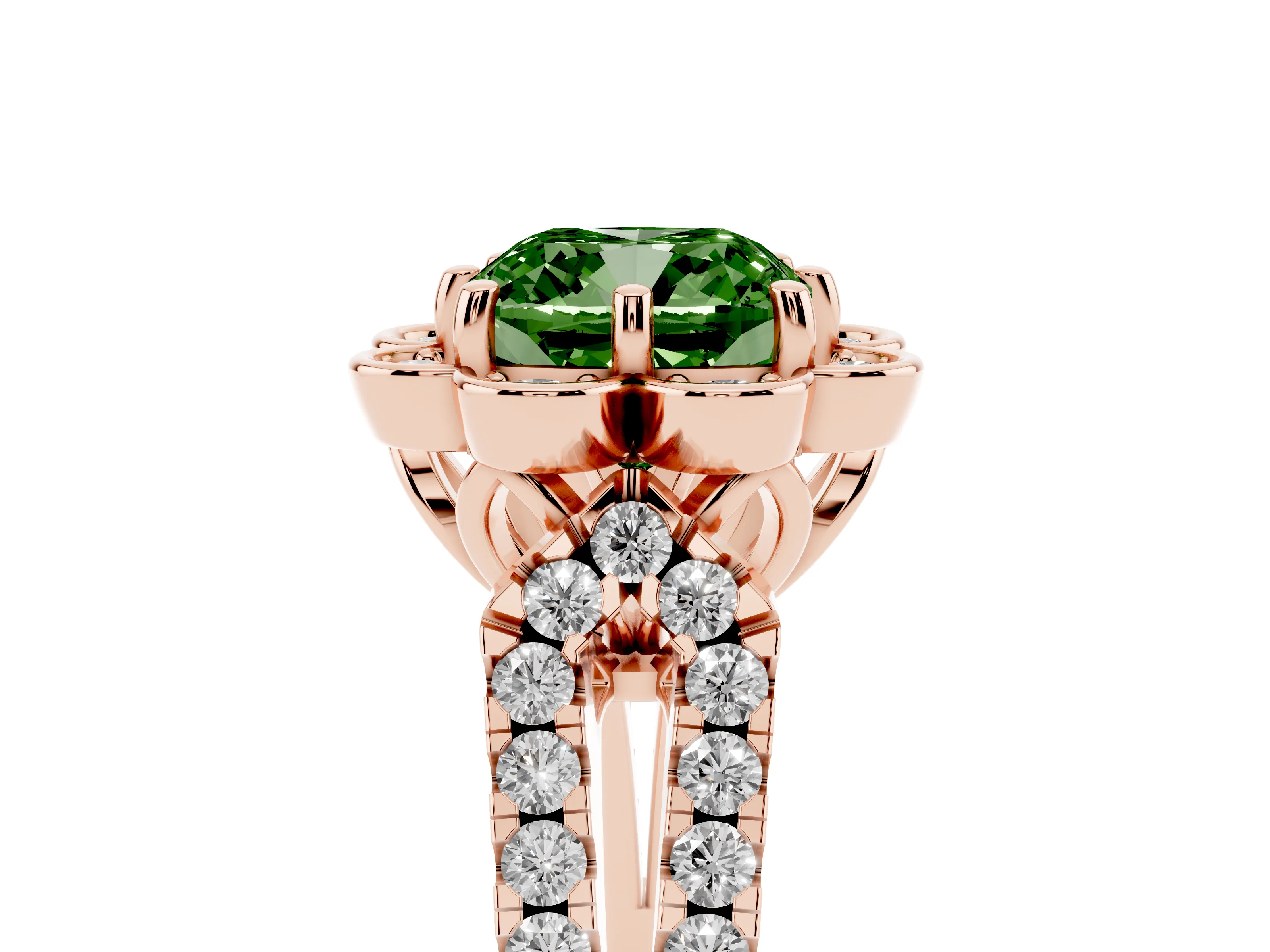 Fancy Green Cushion Cut Diamond Floral Halo Split Shank Engagement Ring Set in Rose gold with Pavé Shank