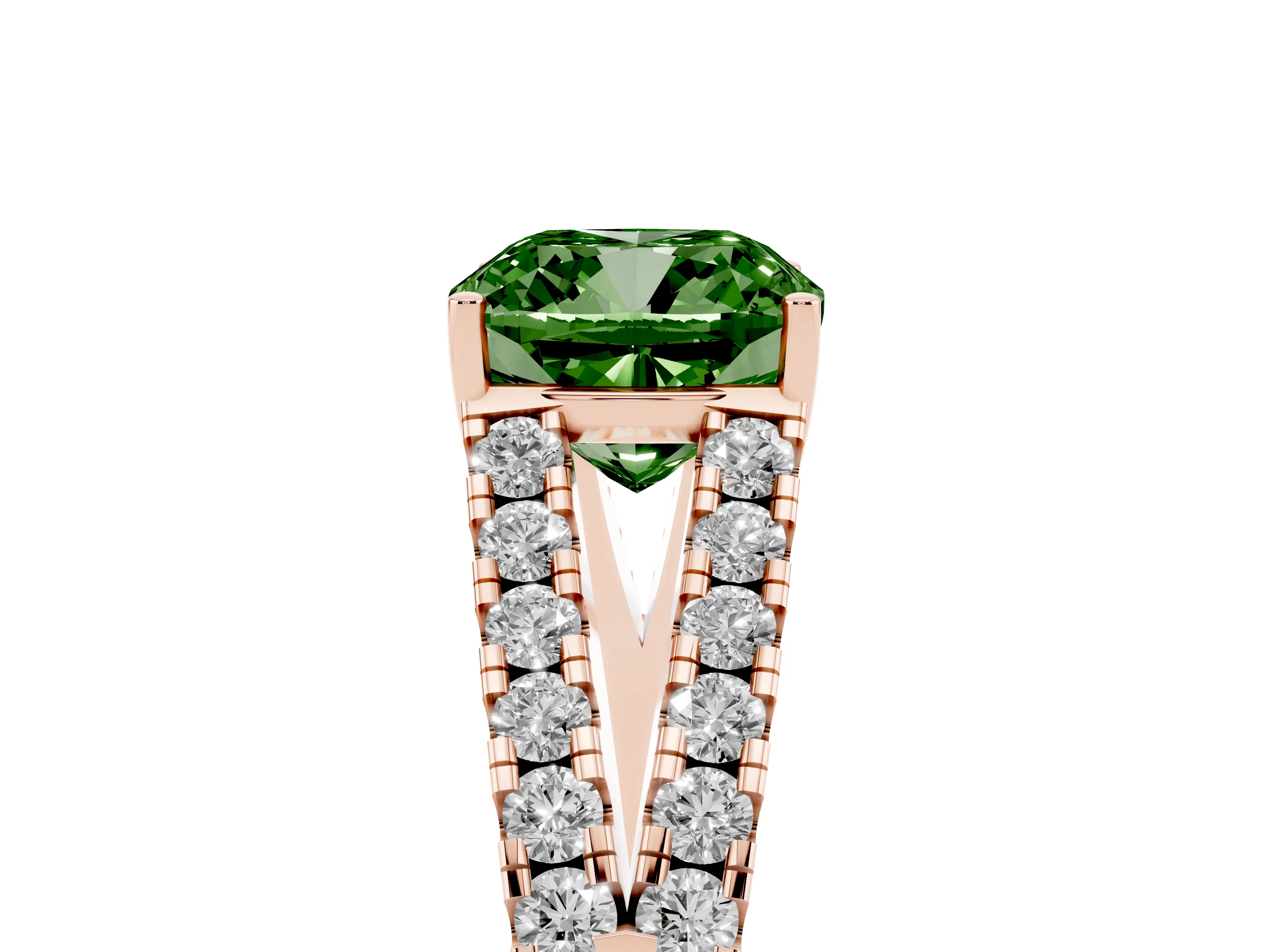 Fancy Green Cushion Cut Diamond Split Shank Pavé Engagement Ring Set in Rose gold with Prong-Held Center Stone