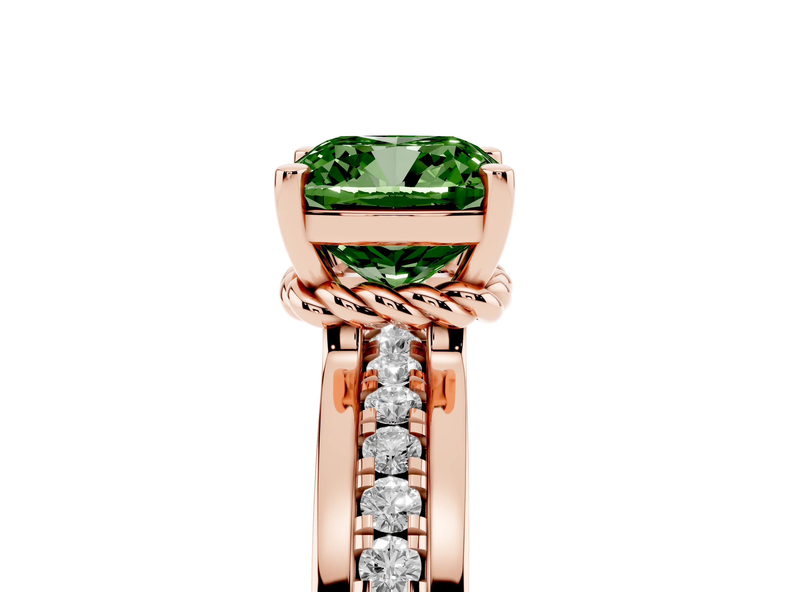 Fancy Green Cushion Cut Diamond Solitaire Ring Set in Rose gold with Channel Set Band and Prong Setting