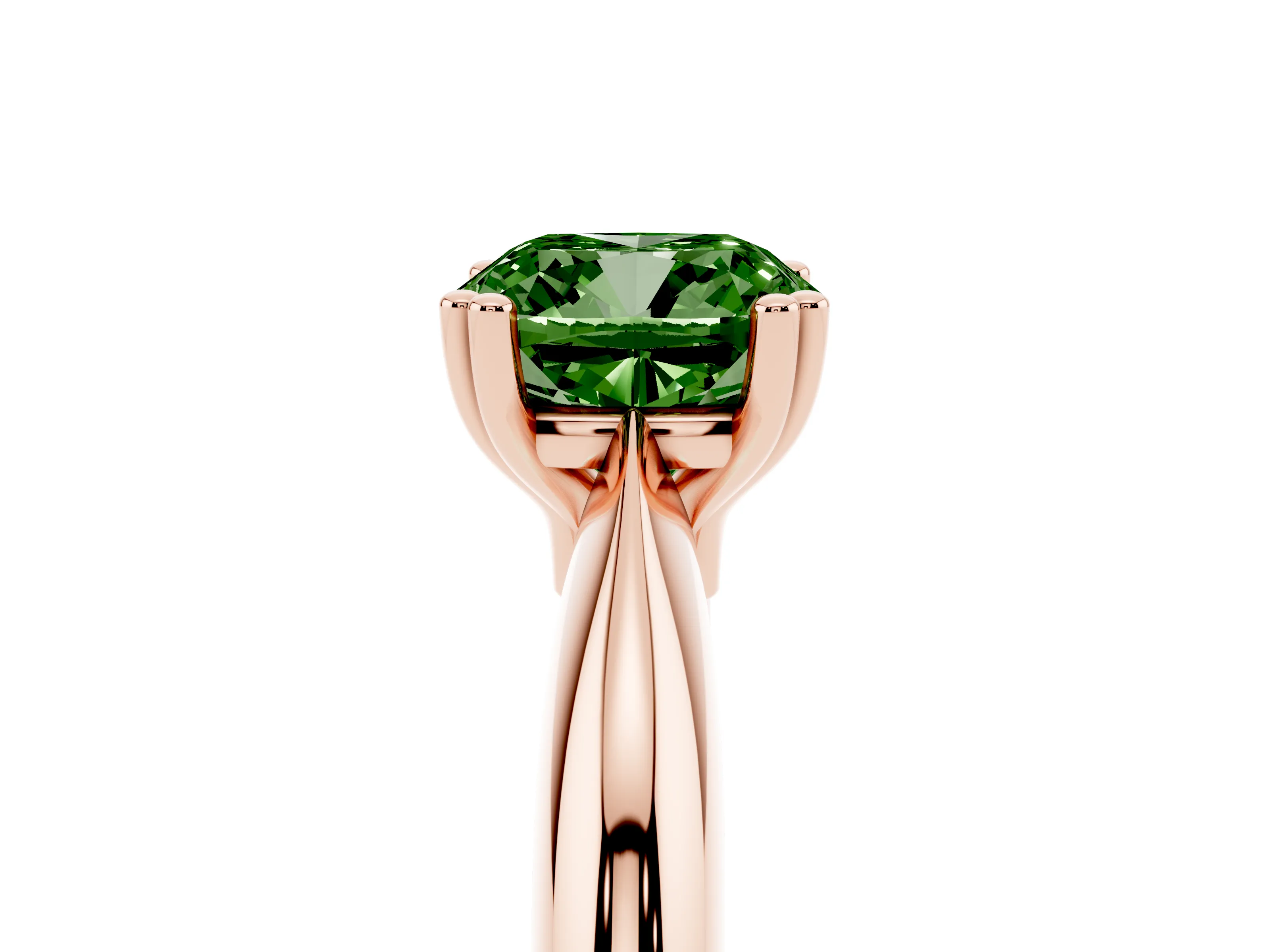 Fancy Green Cushion Cut Diamond Solitaire Engagement Ring Set in Rose gold with Tapered Band and Prong Setting