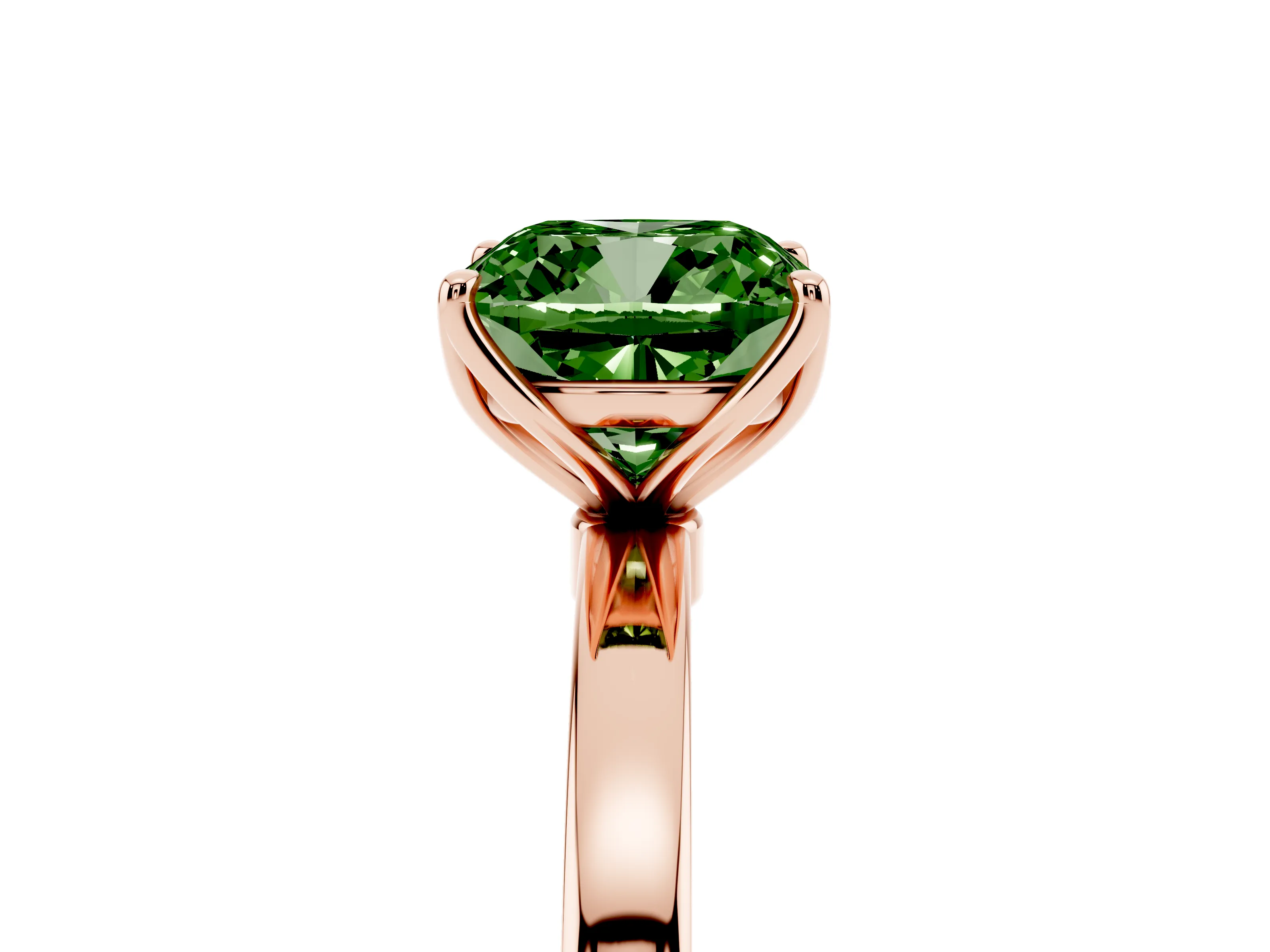 Fancy Green Cushion Cut Diamond Solitaire Ring Set in Rose gold with Prong Setting and Thin Polished Band
