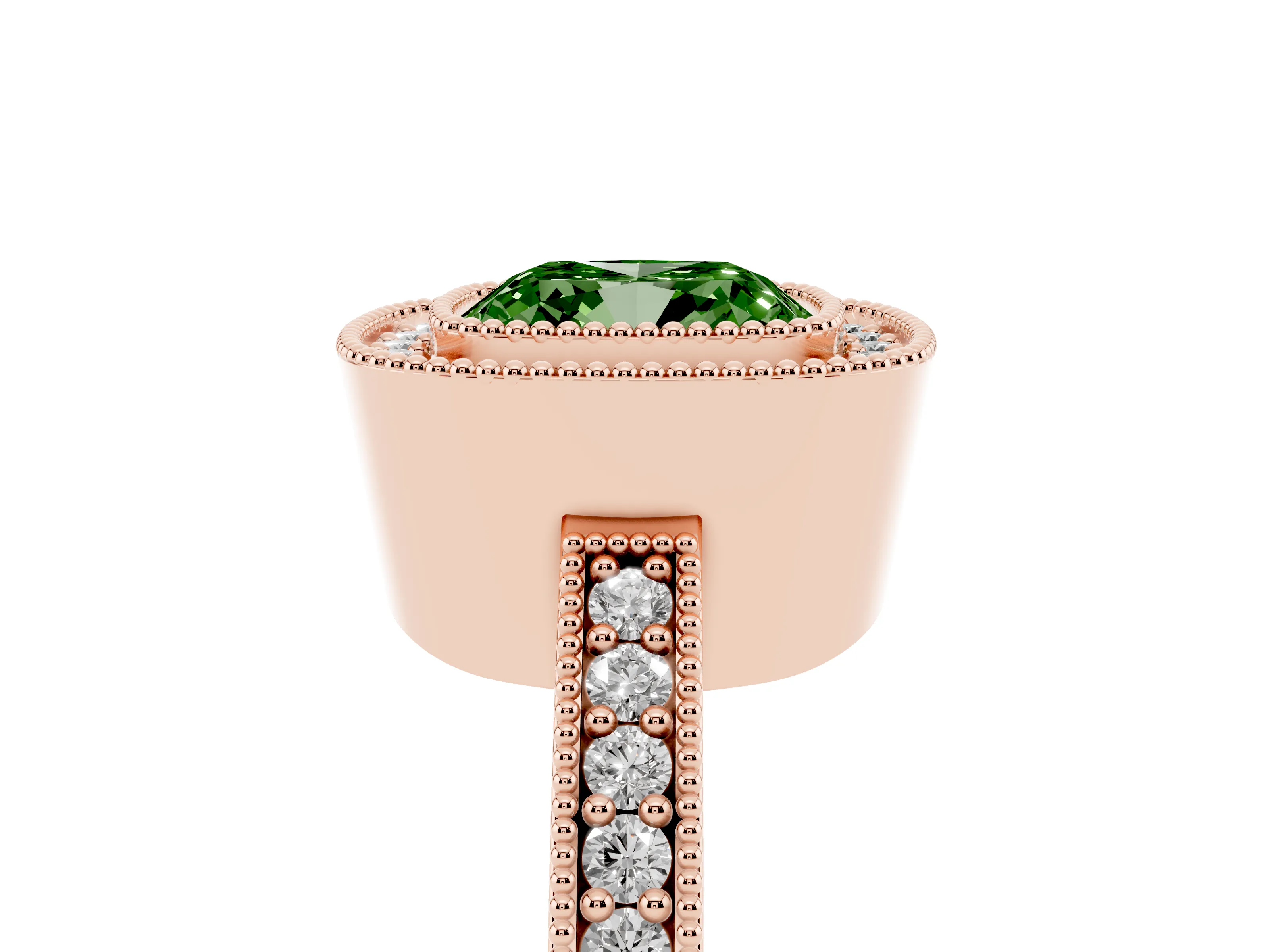 Fancy Green Cushion Cut Diamond Halo Engagement Ring Set in Rose gold with Pavé Band and Round Halo Stones