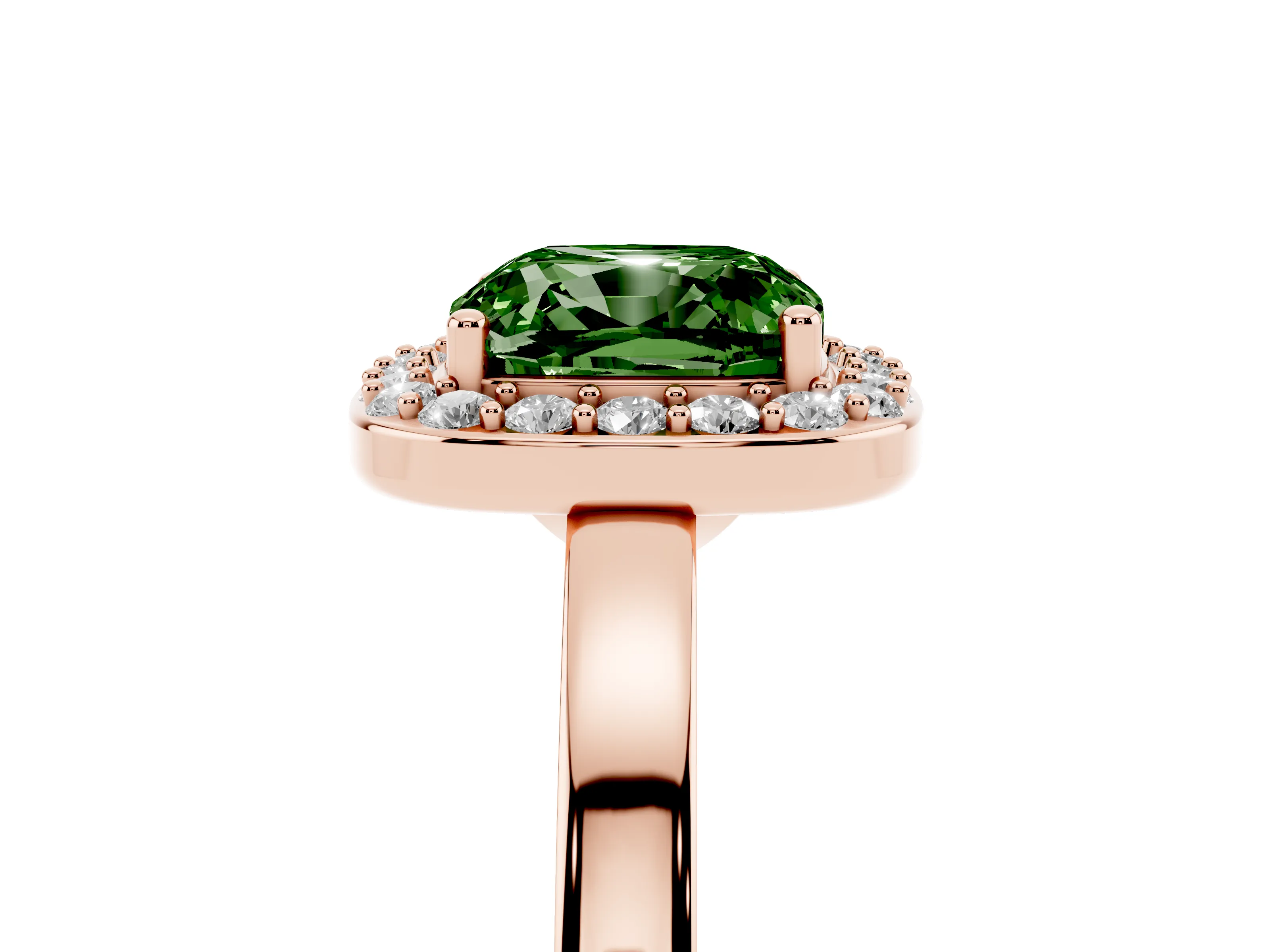 Fancy Green Cushion Cut Diamond Halo Ring Set in Rose gold with Solitaire Band and Prong Setting