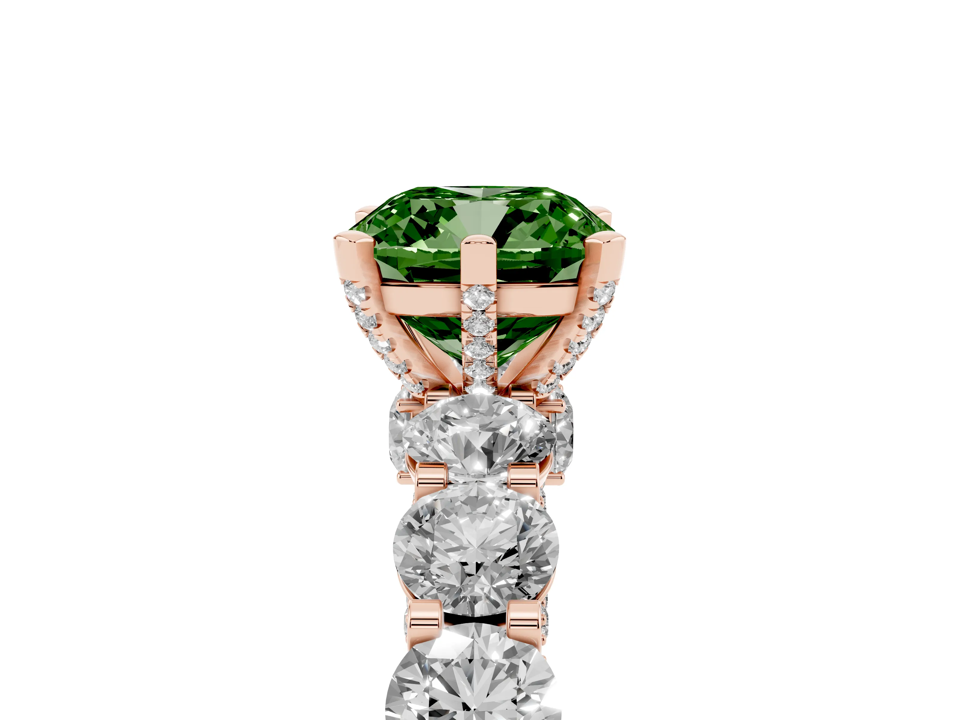 Fancy Green Cushion Cut Diamond Side Stone Ring Set in Rose gold with Alternating Round and Oval Side Stones