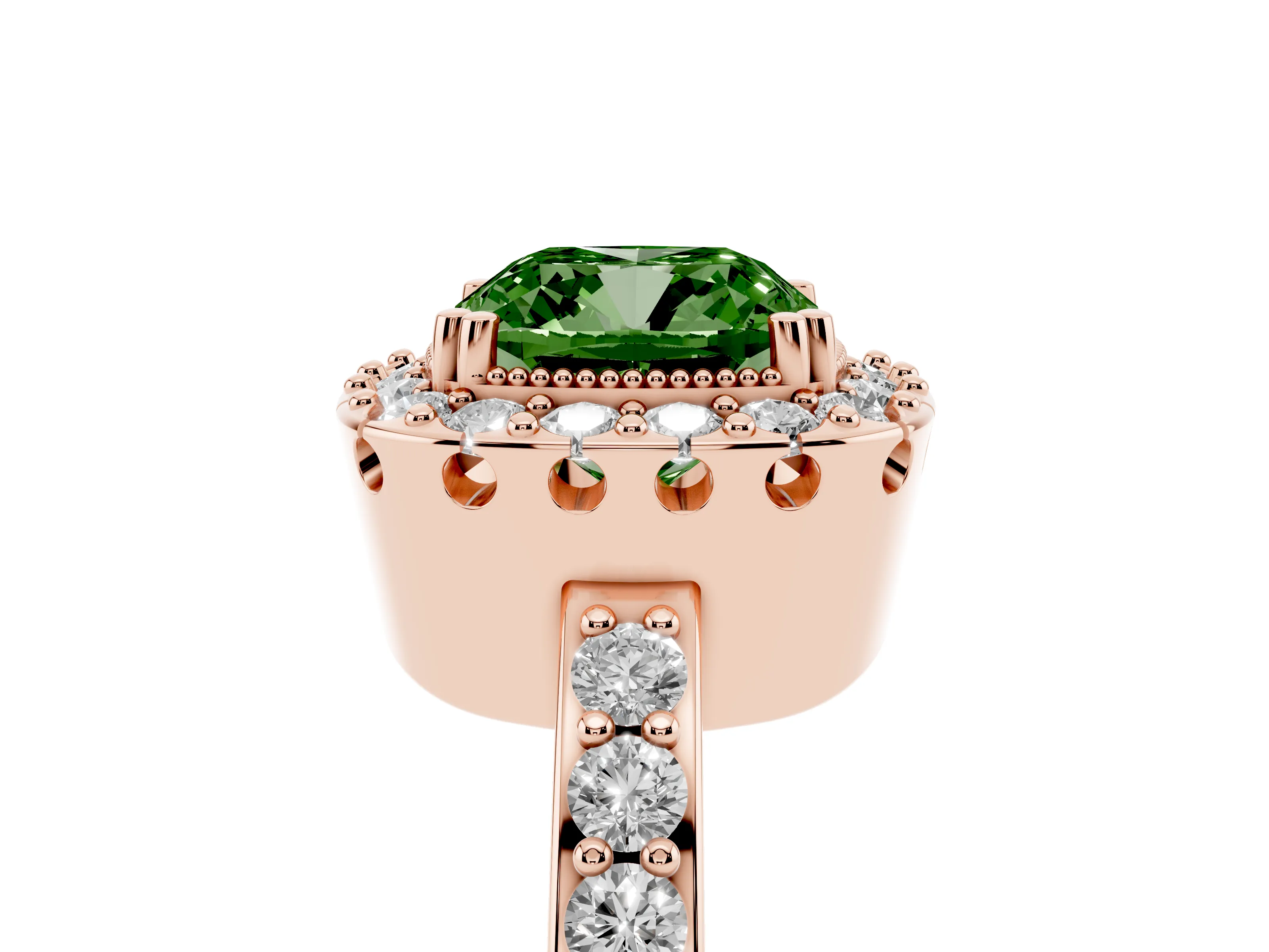 Fancy Green Cushion Cut Diamond Halo Ring Set in Rose gold with Pavé Shank and Prong Setting