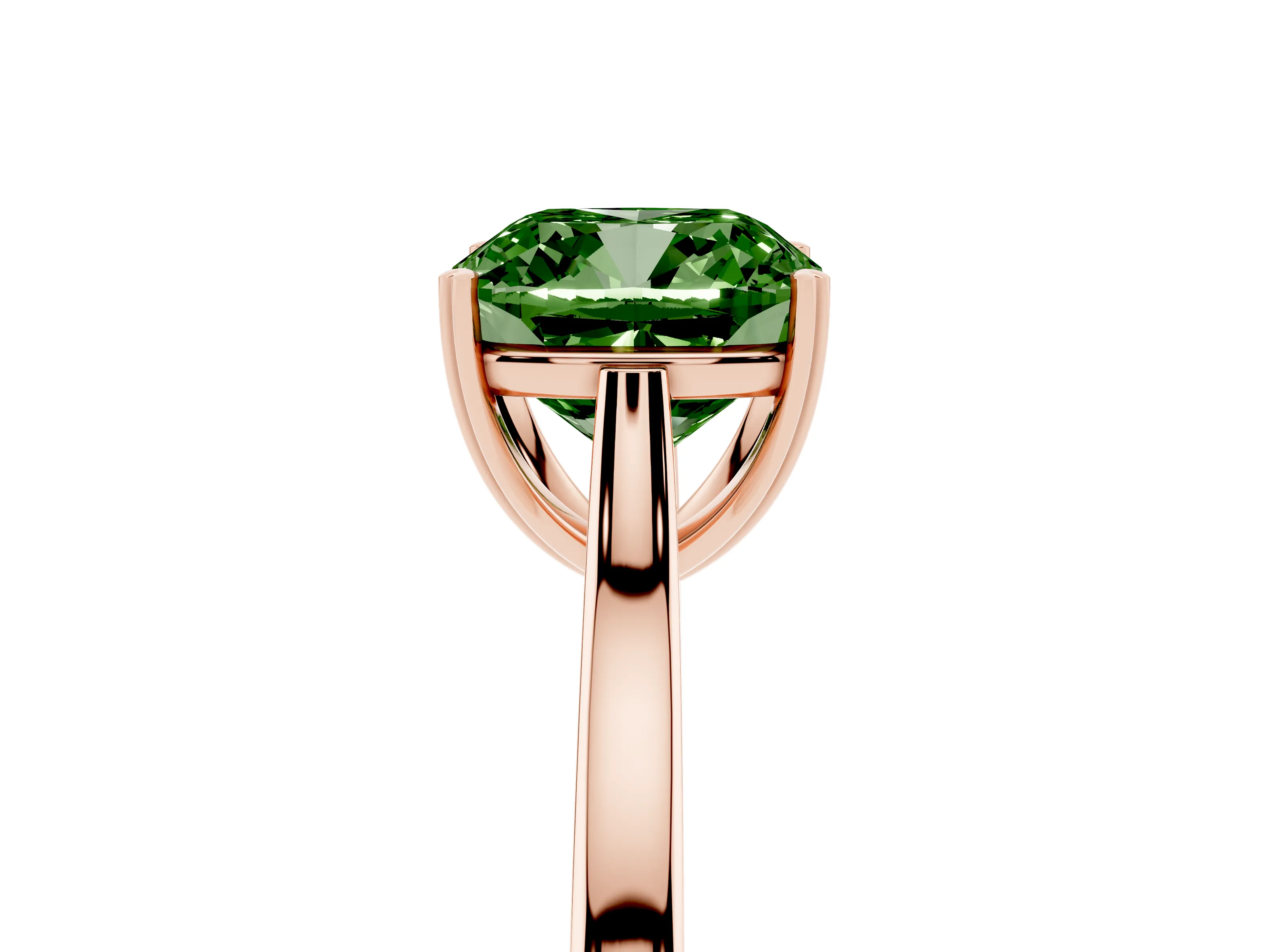 Fancy Green Cushion Cut Diamond Solitaire Heart Prong Engagement Ring Set in Rose gold with Tapered Band