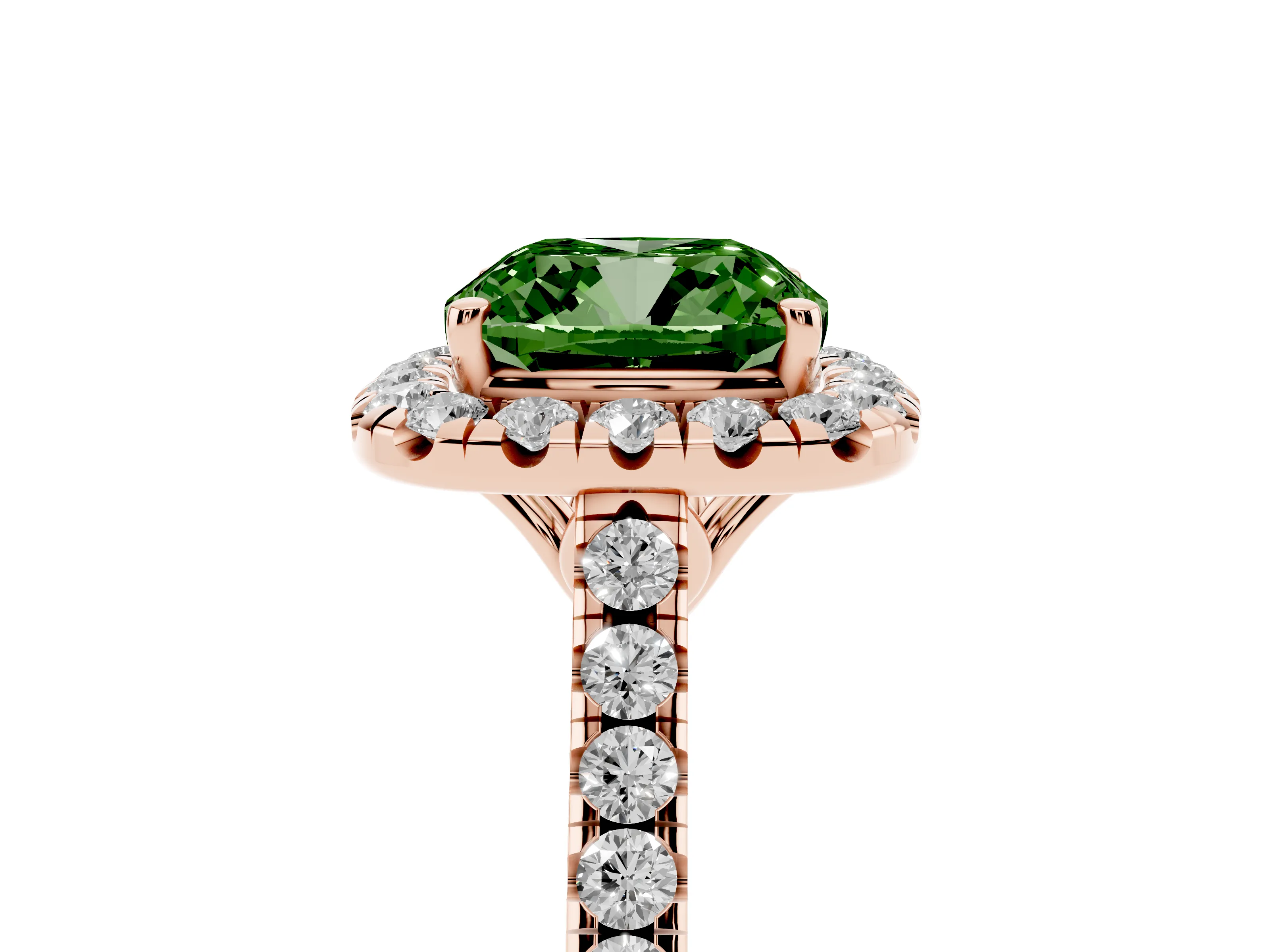 Fancy Green Cushion Cut Diamond Pavé Halo Engagement Ring Set in Rose gold with Pavé Band and Prong Setting