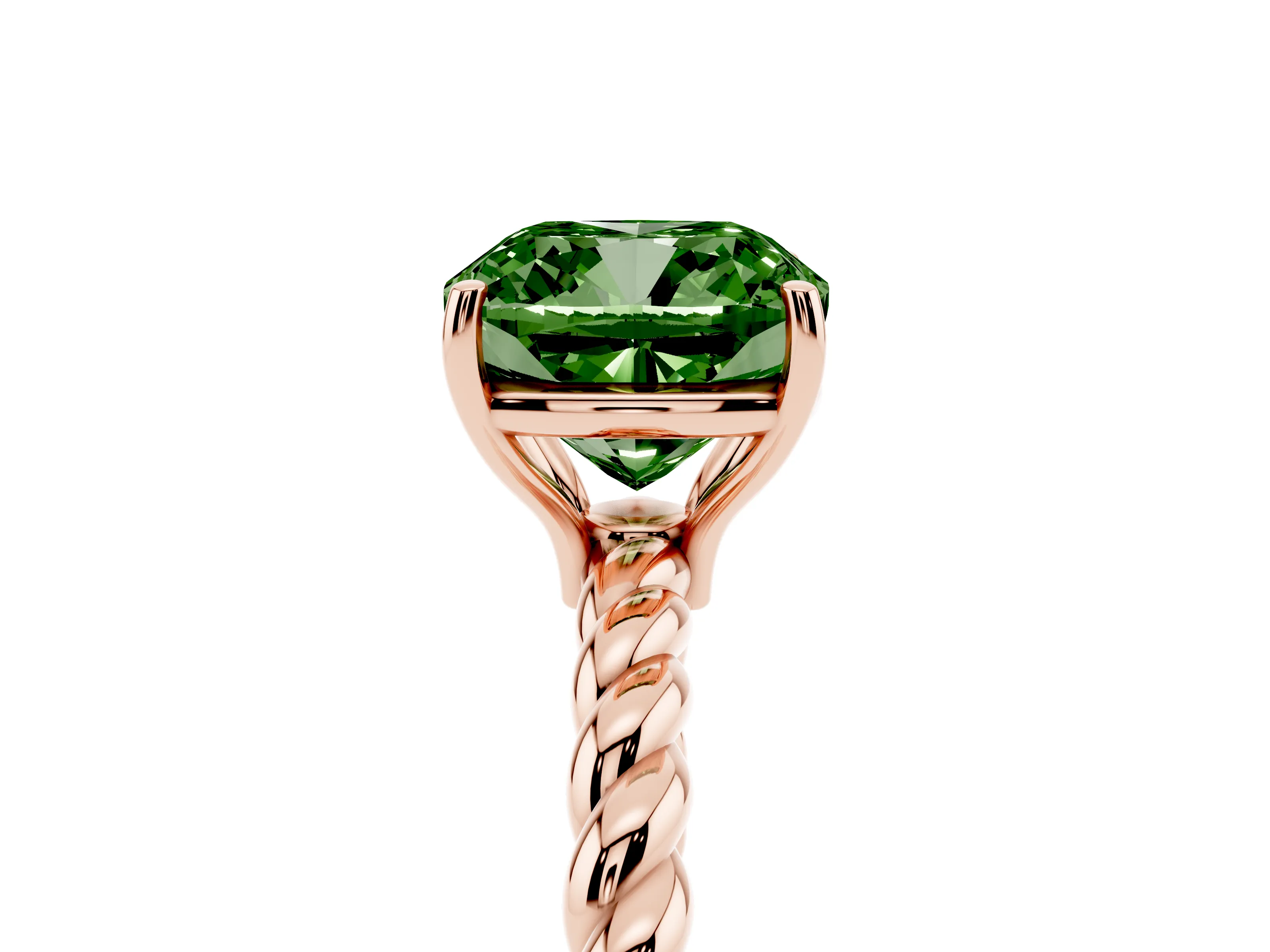 Fancy Green Cushion Cut Diamond Solitaire Ring Set in Rose gold with Twist Band and Prong Setting