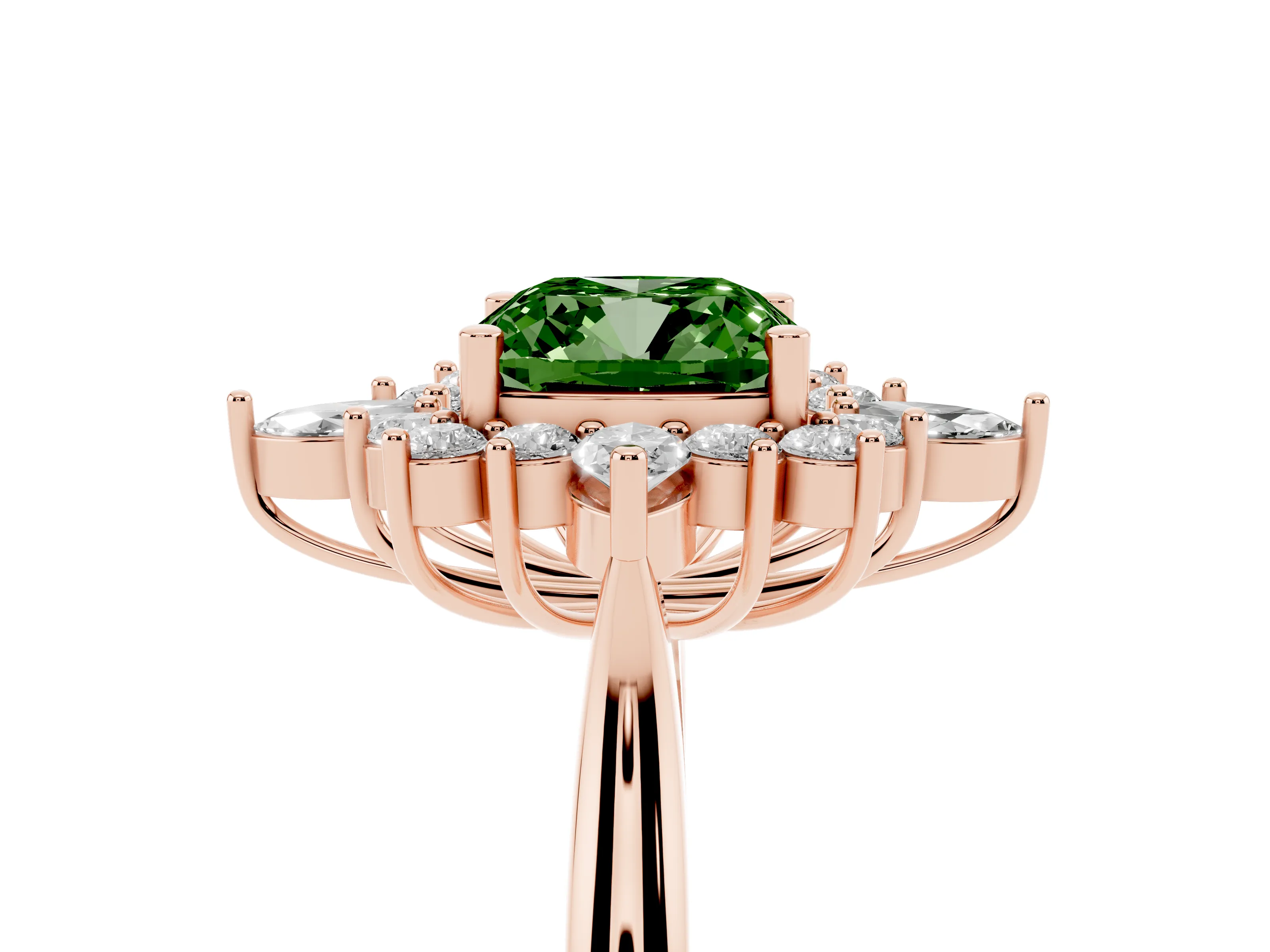 Fancy Green Cushion Cut Diamond Cluster Halo Ring Set in Rose gold with Marquise and Round Accents