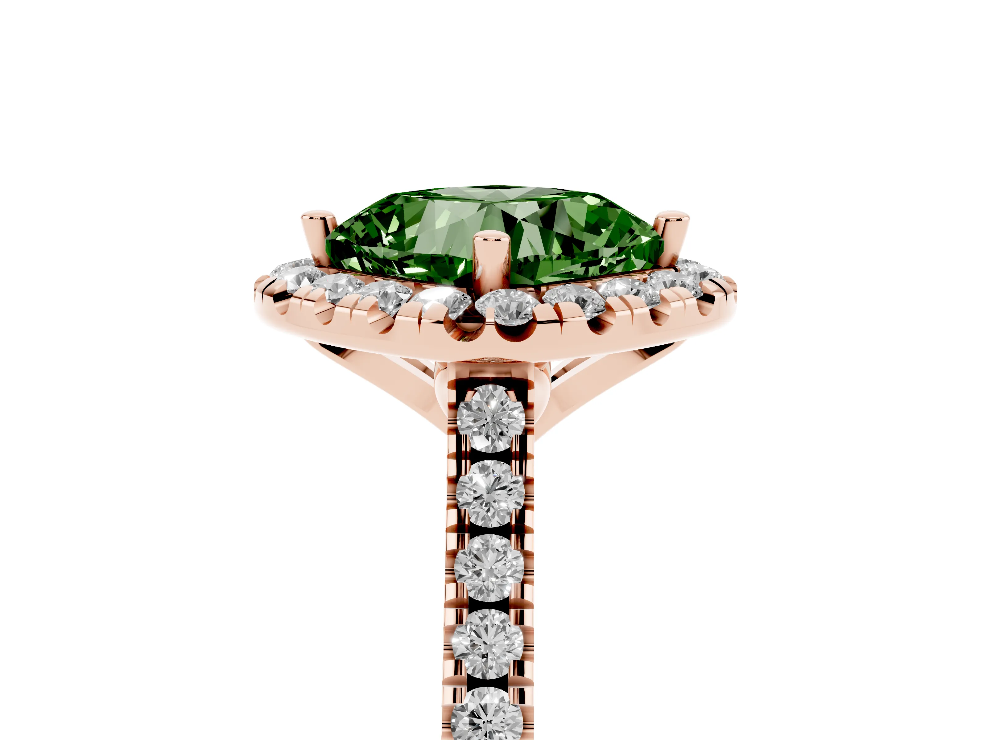Fancy Green Cushion Cut Diamond Cushion Halo Ring Set in Rose gold with Pavé Band