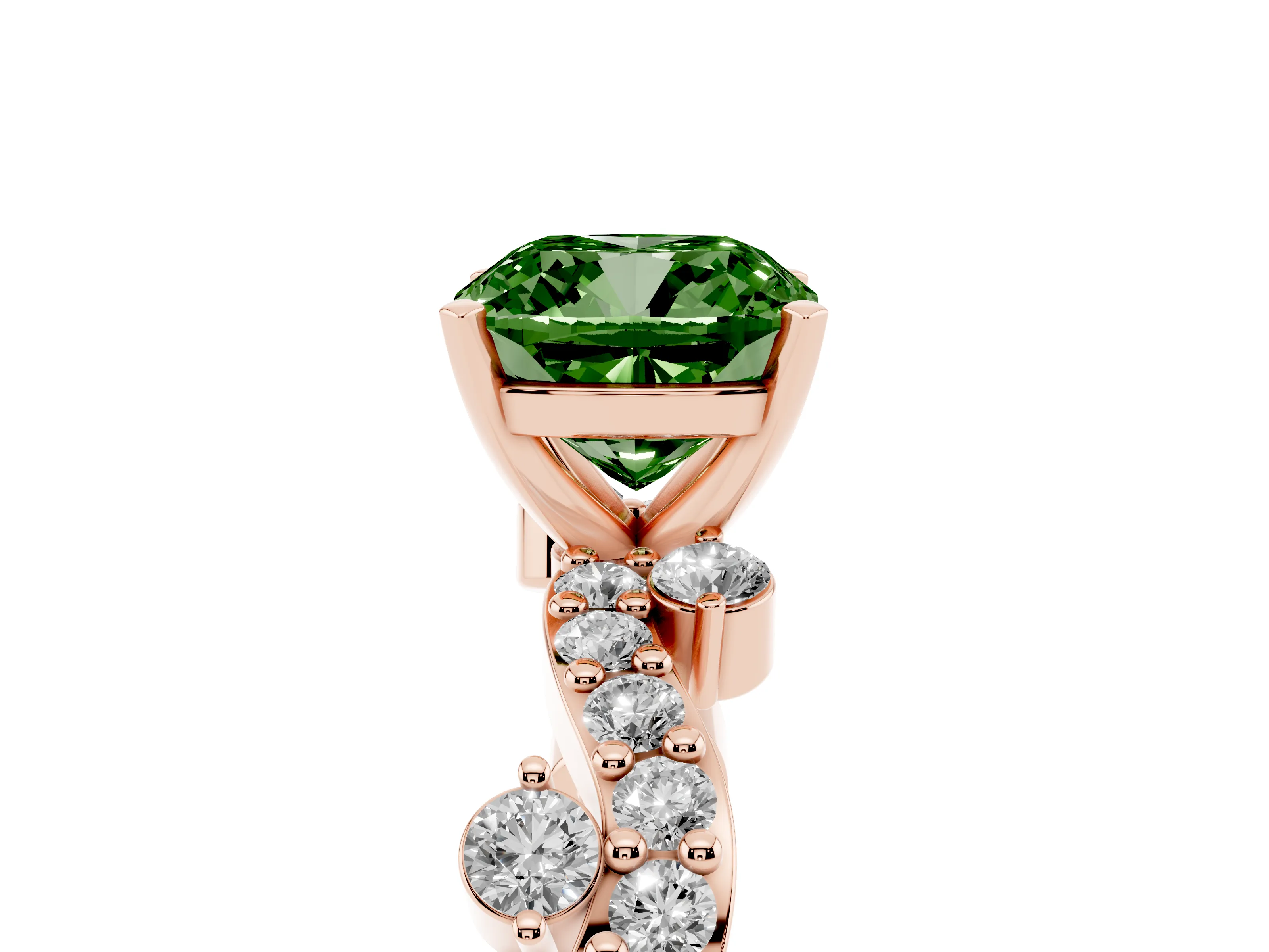 Fancy Green Cushion Cut Diamond Solitaire Twisted Band Set in Rose gold with Pavé Setting