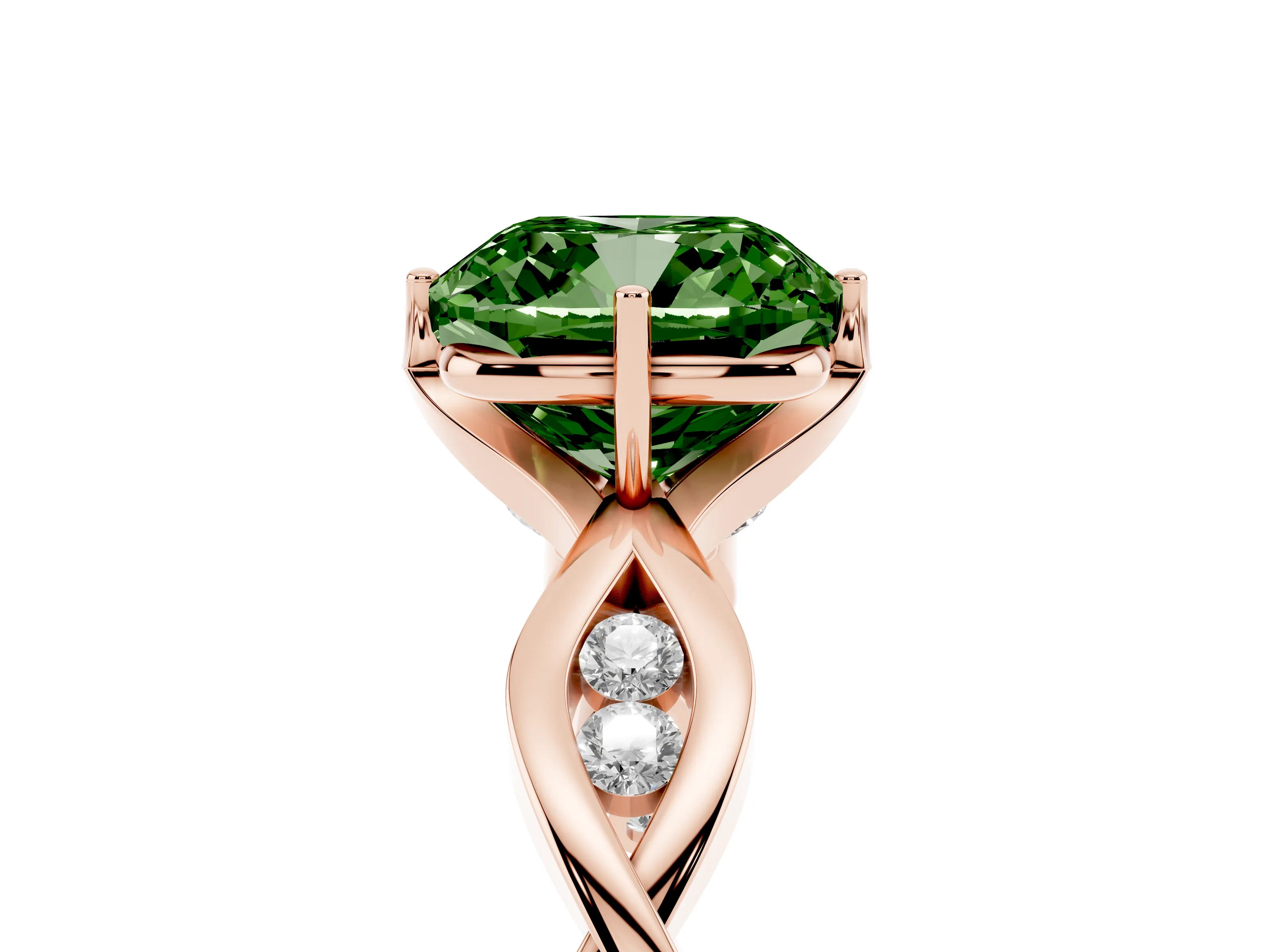 Fancy Green Cushion Cut Diamond Twist Band Solitaire Ring Set in Rose gold with Leaf Prong Setting and Accent Stones