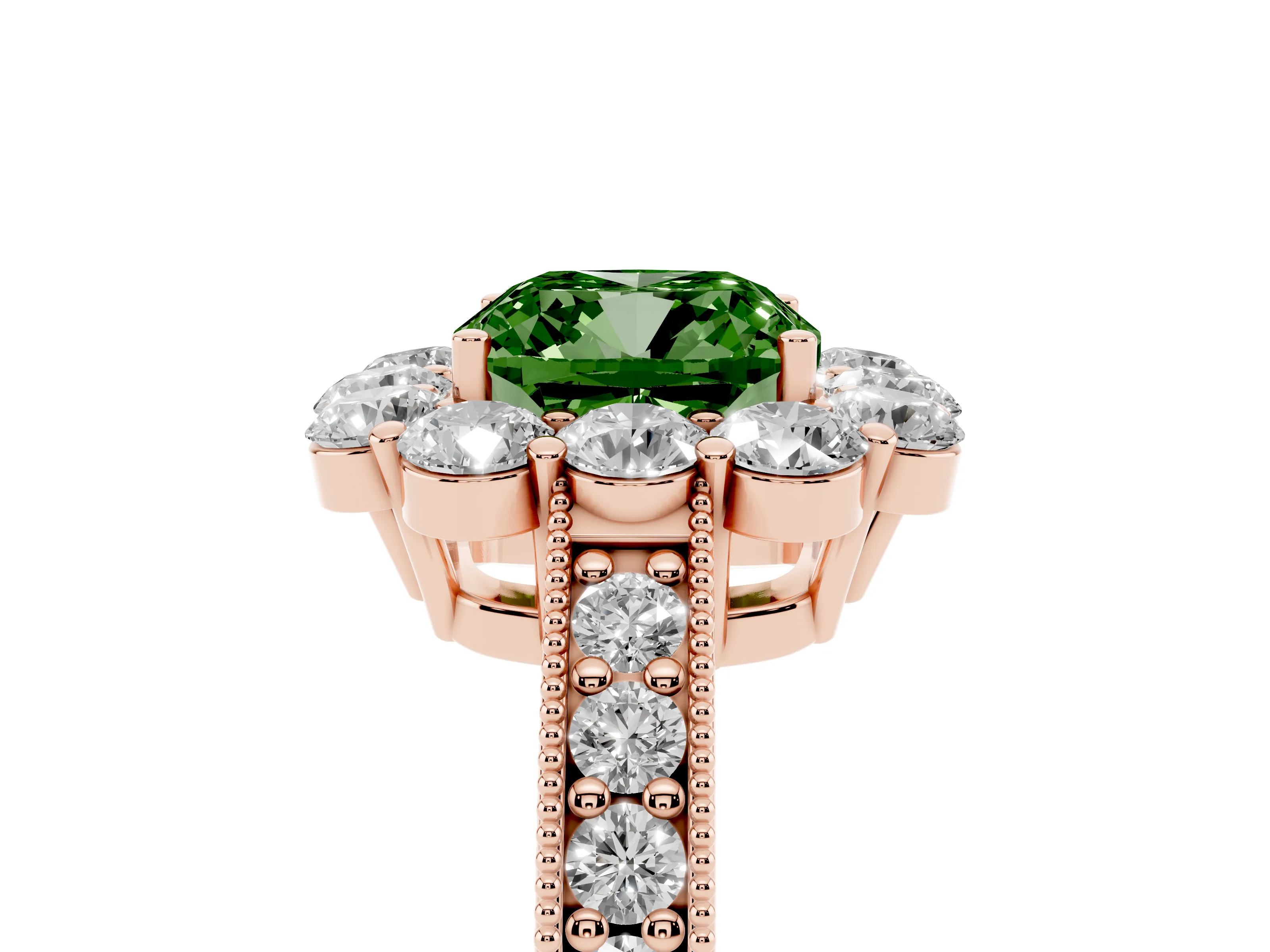Fancy Green Cushion Cut Diamond Halo Pavé Engagement Ring Set in Rose gold with Milgrain Detailing