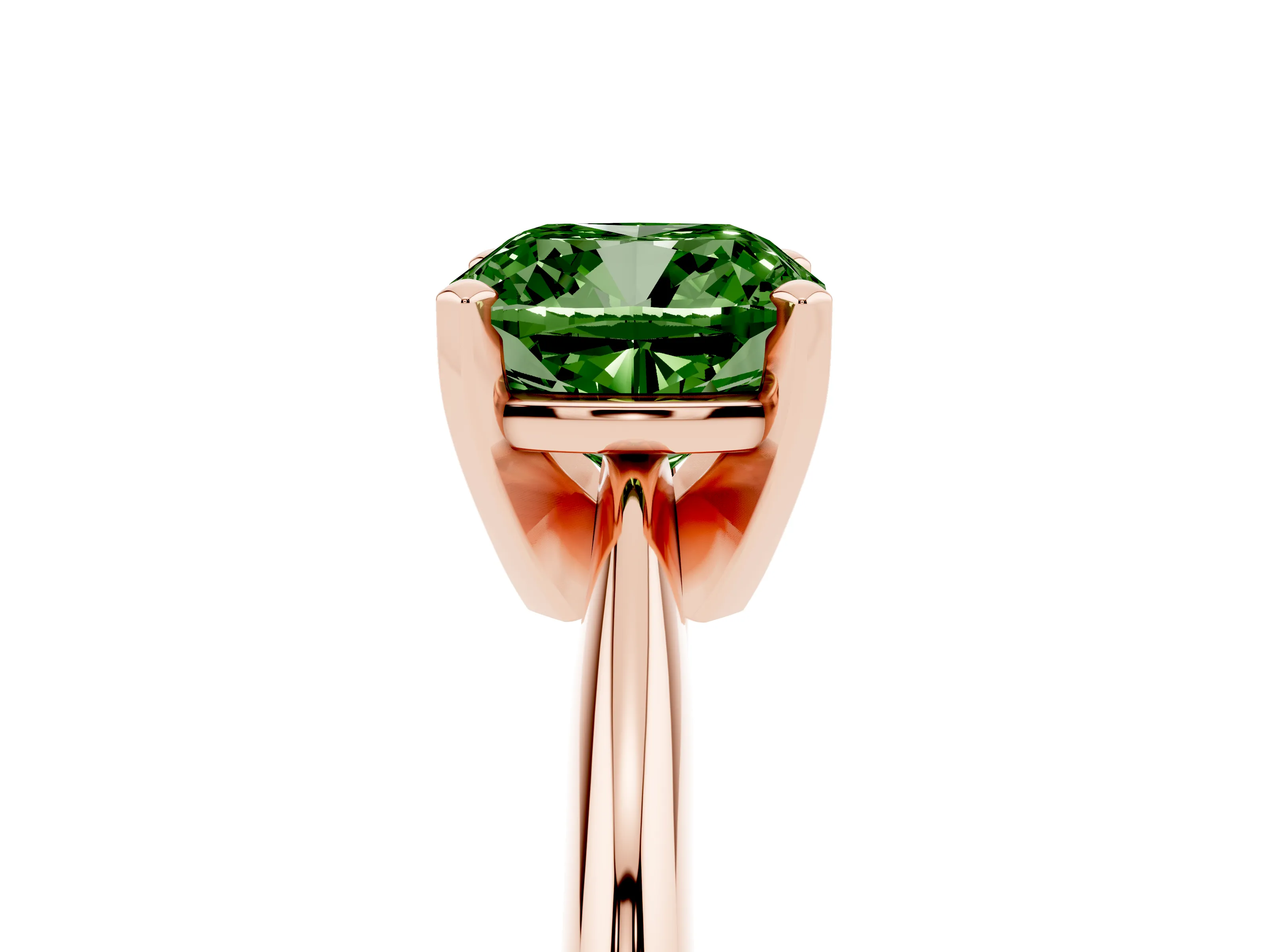 Fancy Green Cushion Cut Diamond Solitaire Ring Set in Rose gold with Prong Setting on a Plain Round Band