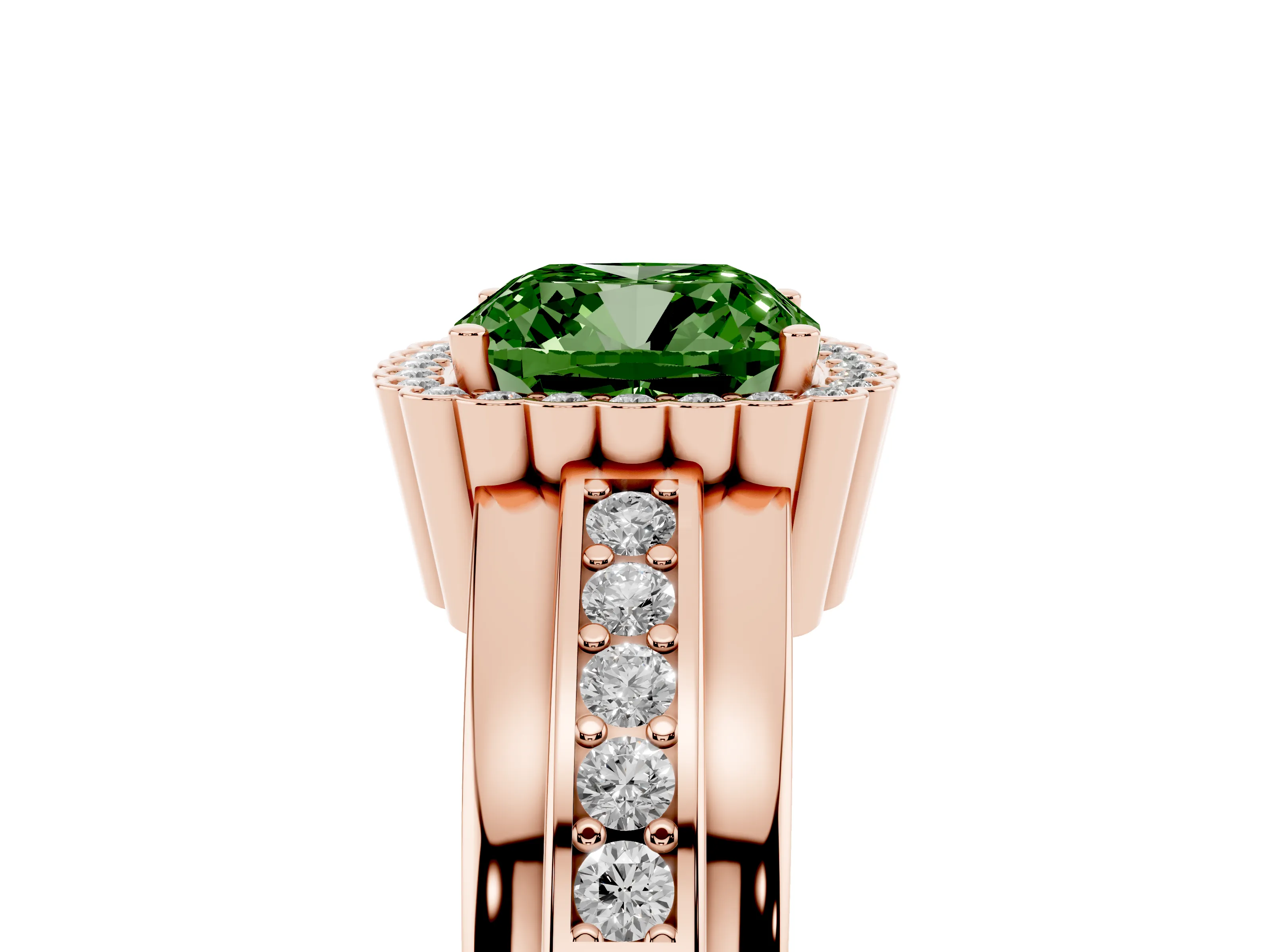 Fancy Green Cushion Cut Diamond Halo Prong Ring Set in Rose gold with Pavé Band