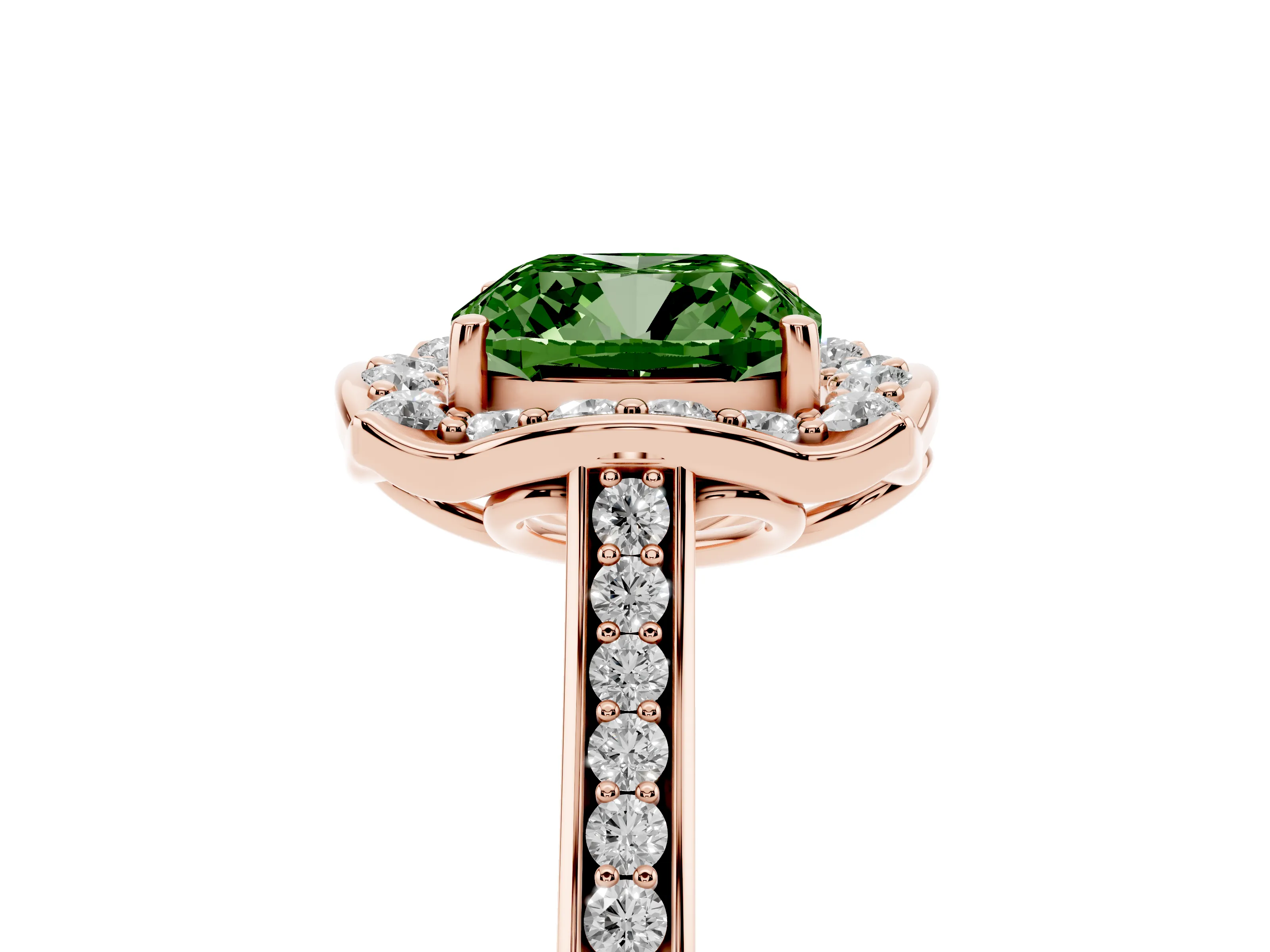 Fancy Green Cushion Cut Diamond Halo Ring Set in Rose gold with Pavé-Lined Shoulders and Prong Setting