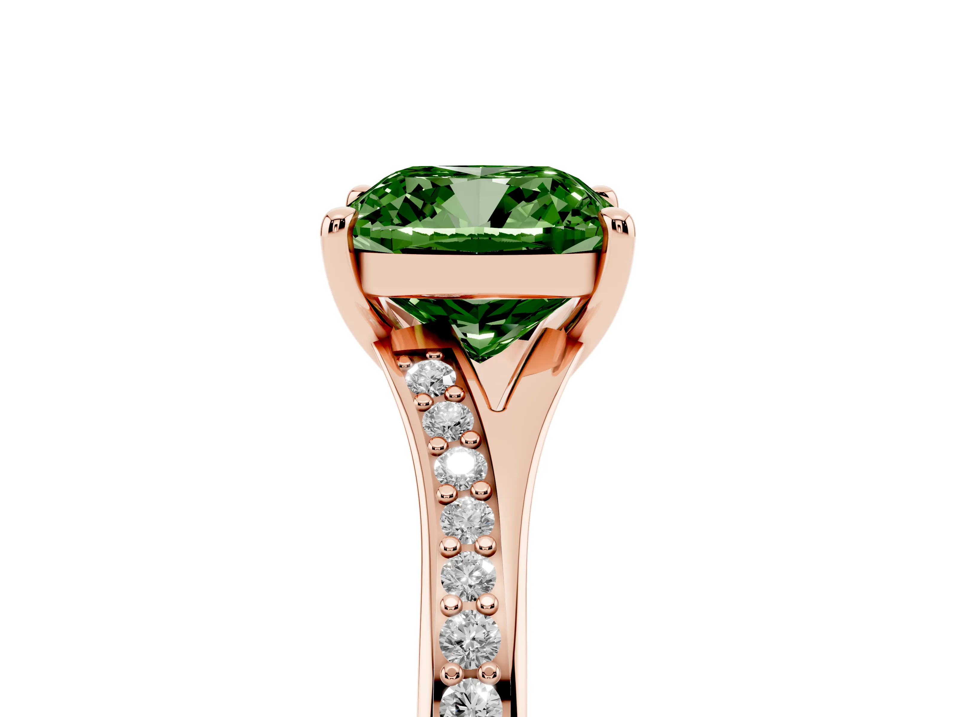 Fancy Green Cushion Cut Diamond Solitaire Ring Set in Rose gold with Pavé Accent Band and Classic Prong Setting