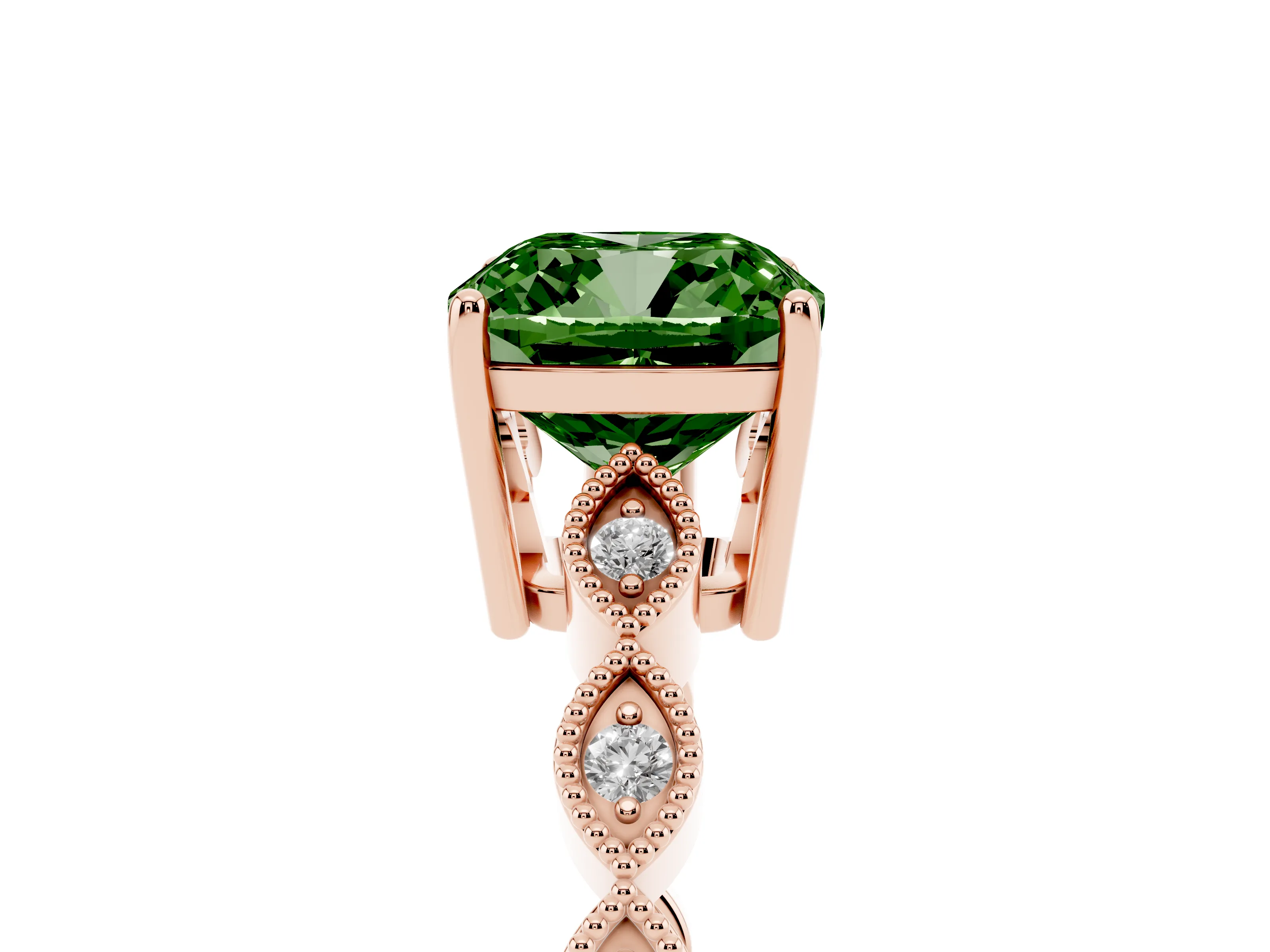 Fancy Green Cushion Cut Diamond Solitaire Ring Set in Rose gold with Infinity Twist Pavé Band