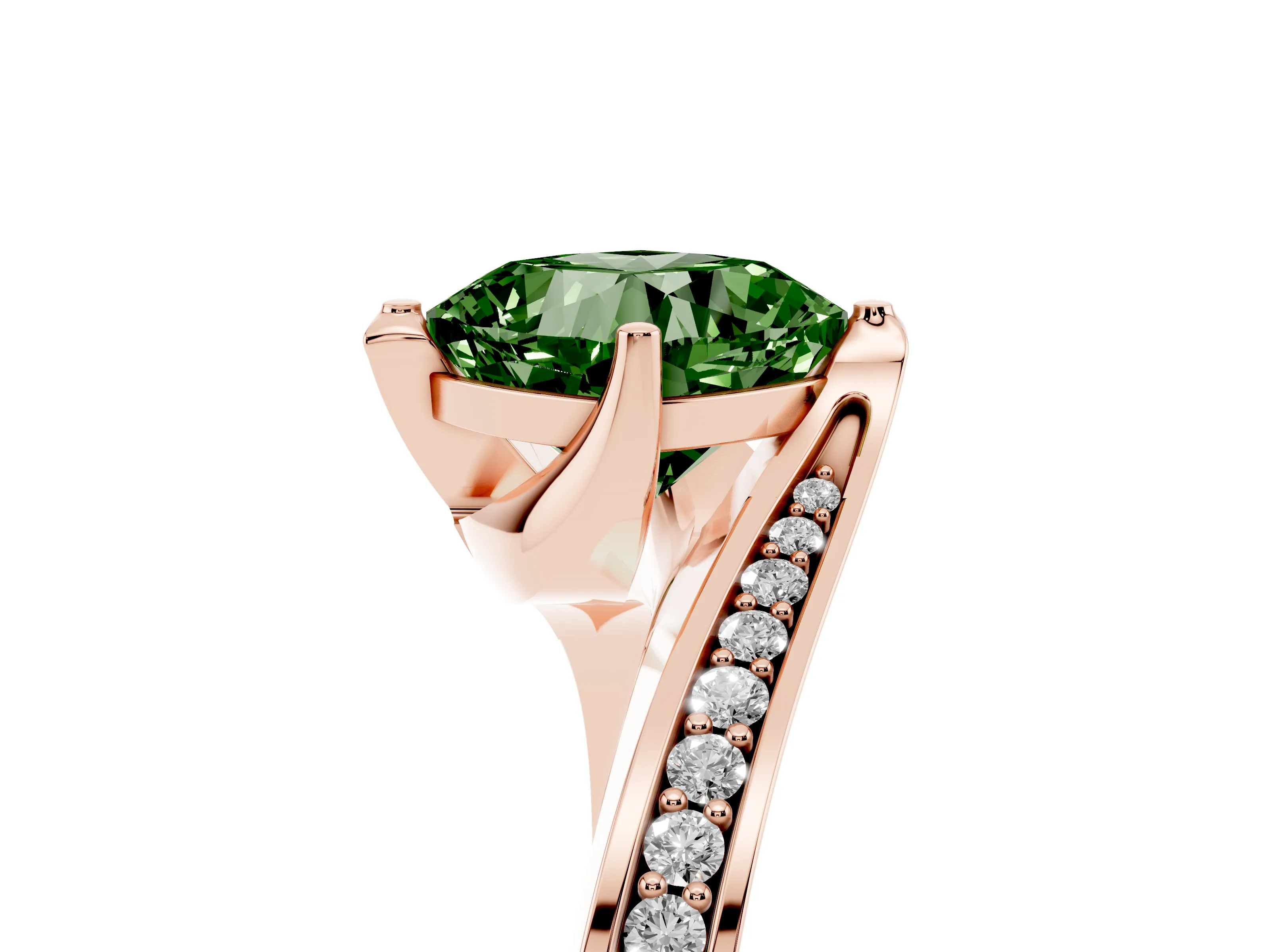 Fancy Green Cushion Cut Diamond Solitaire Ring Set in Rose gold with Intertwined Pavé Twist Band