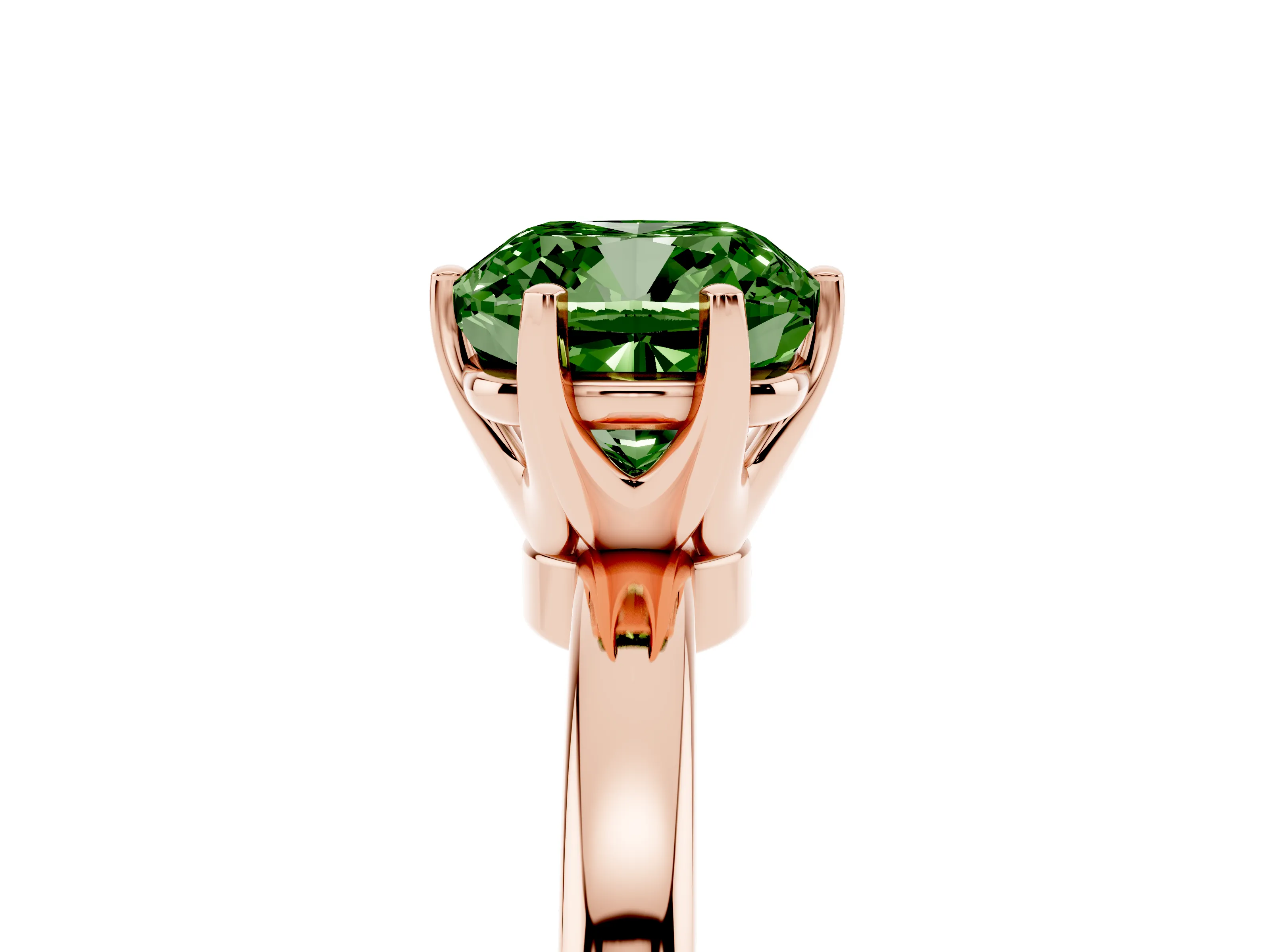 Fancy Green Cushion Cut Diamond Solitaire Ring Set in Rose gold with Raised Prong Setting on a Classic Band