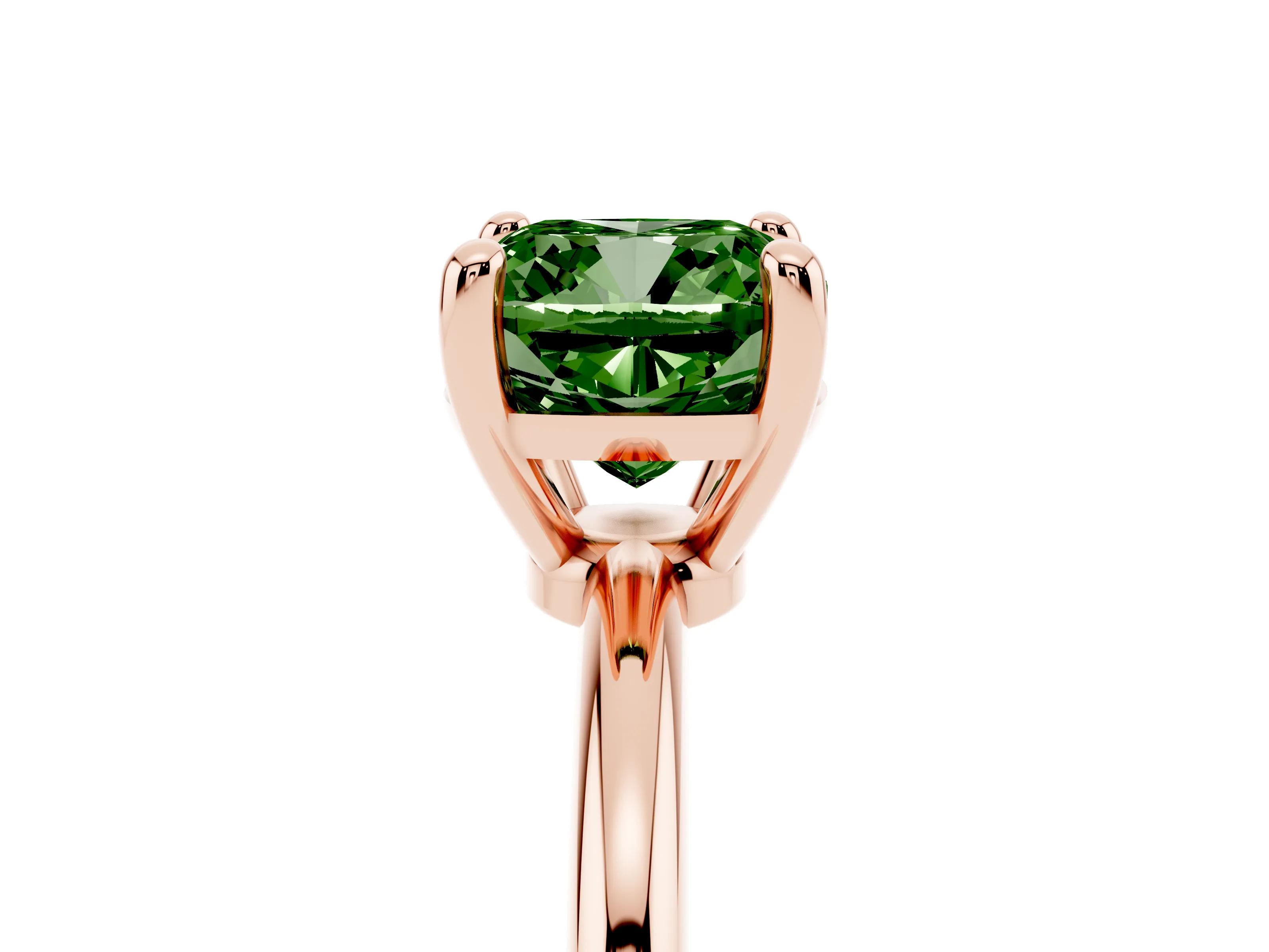 Fancy Green Cushion Cut Diamond Solitaire Ring Set in Rose gold with Secure Prong Setting on a Classic Band