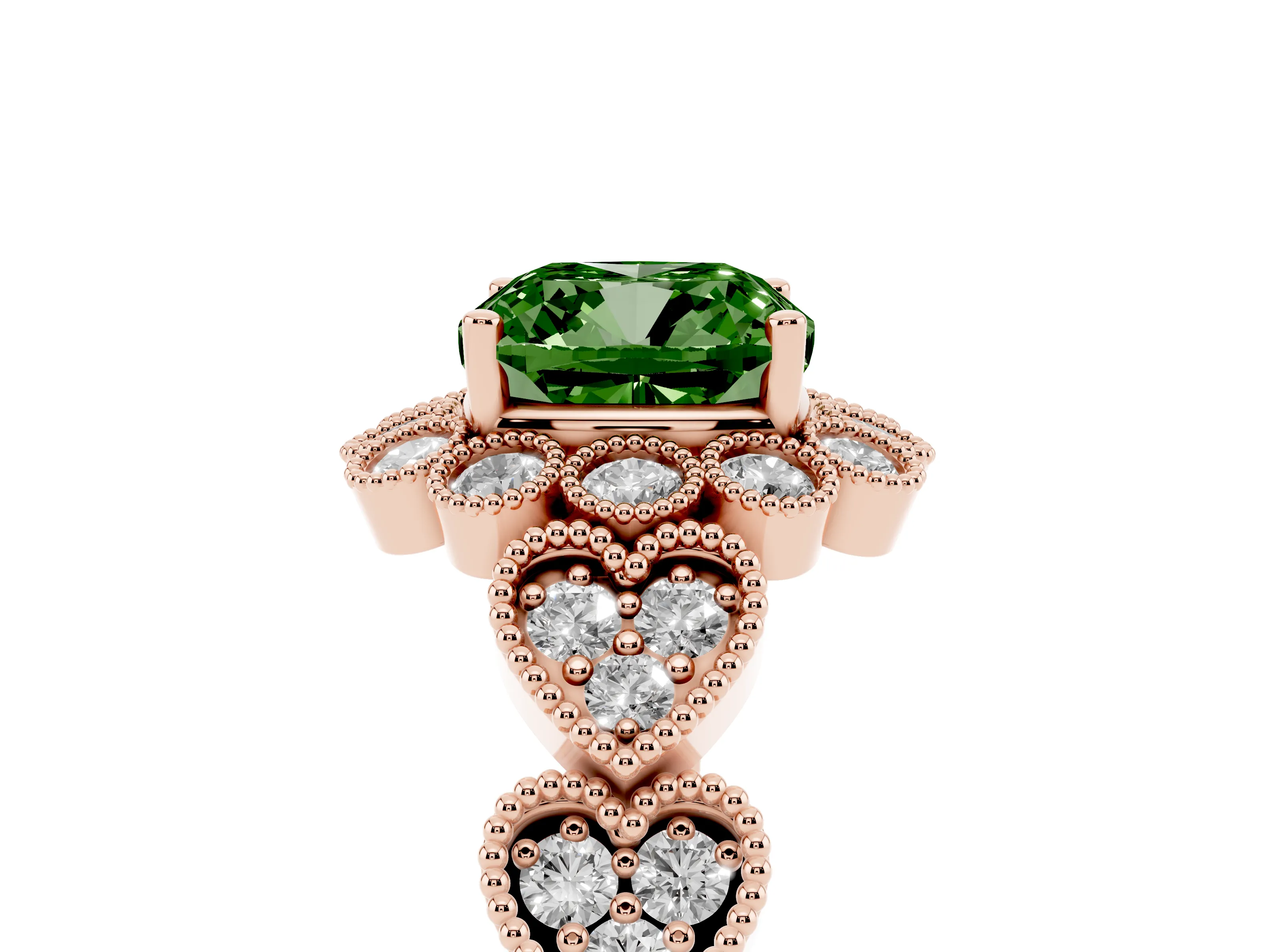 Fancy Green Cushion Cut Diamond Solitaire Ring Set in Rose gold with Milgrain Pavé Heart Band
