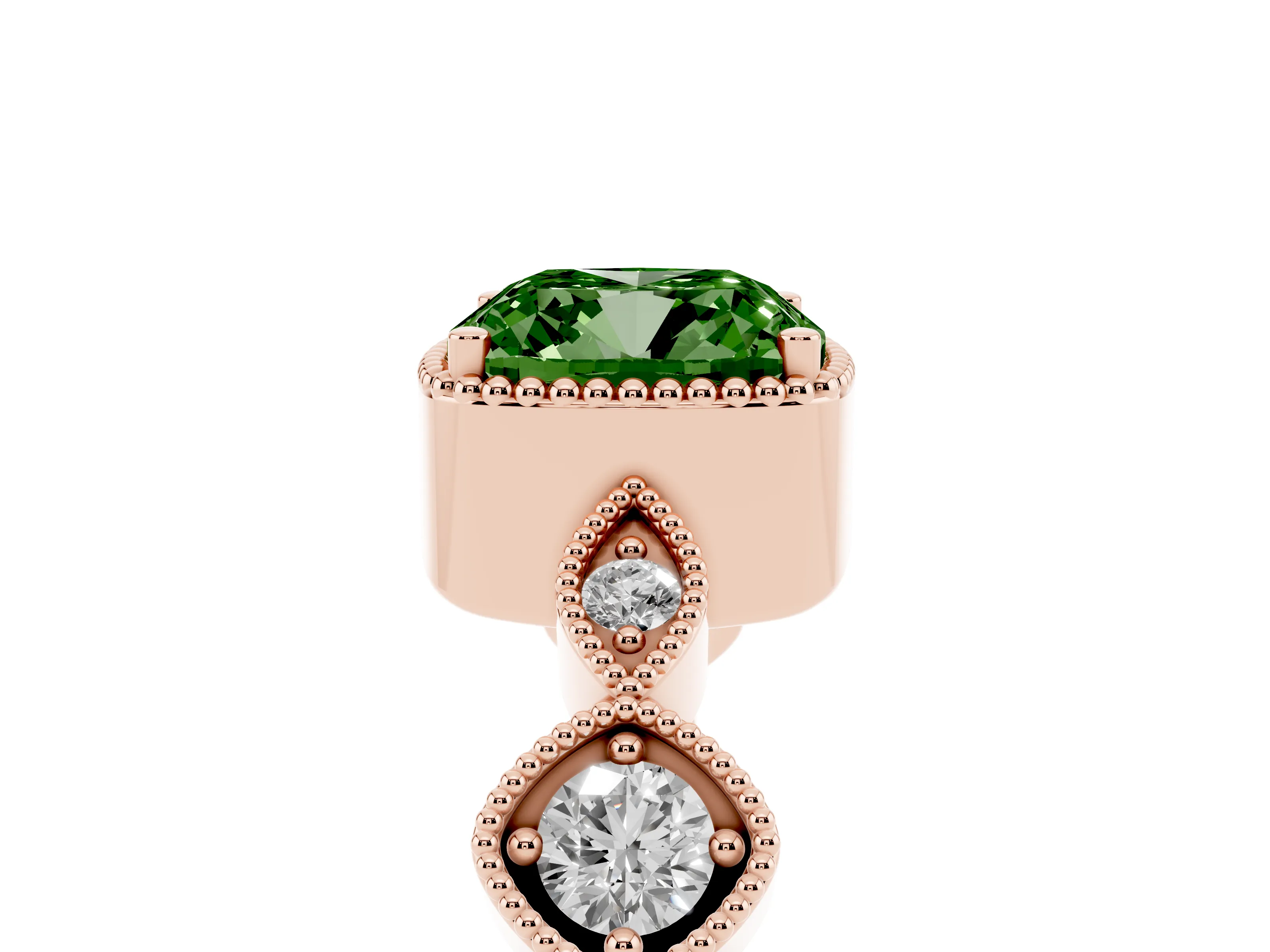 Fancy Green Cushion Cut Diamond Vintage-Inspired Milgrain Ring Set in Rose gold with Marquise Stations of Round Accents