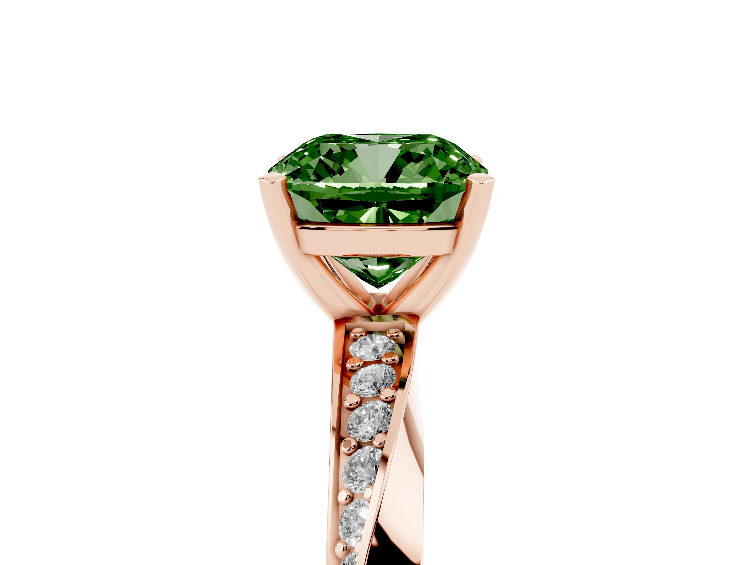 Fancy Green Cushion Cut Diamond Engagement Ring Set in Rose gold with Side Stone Accents and Prong Setting
