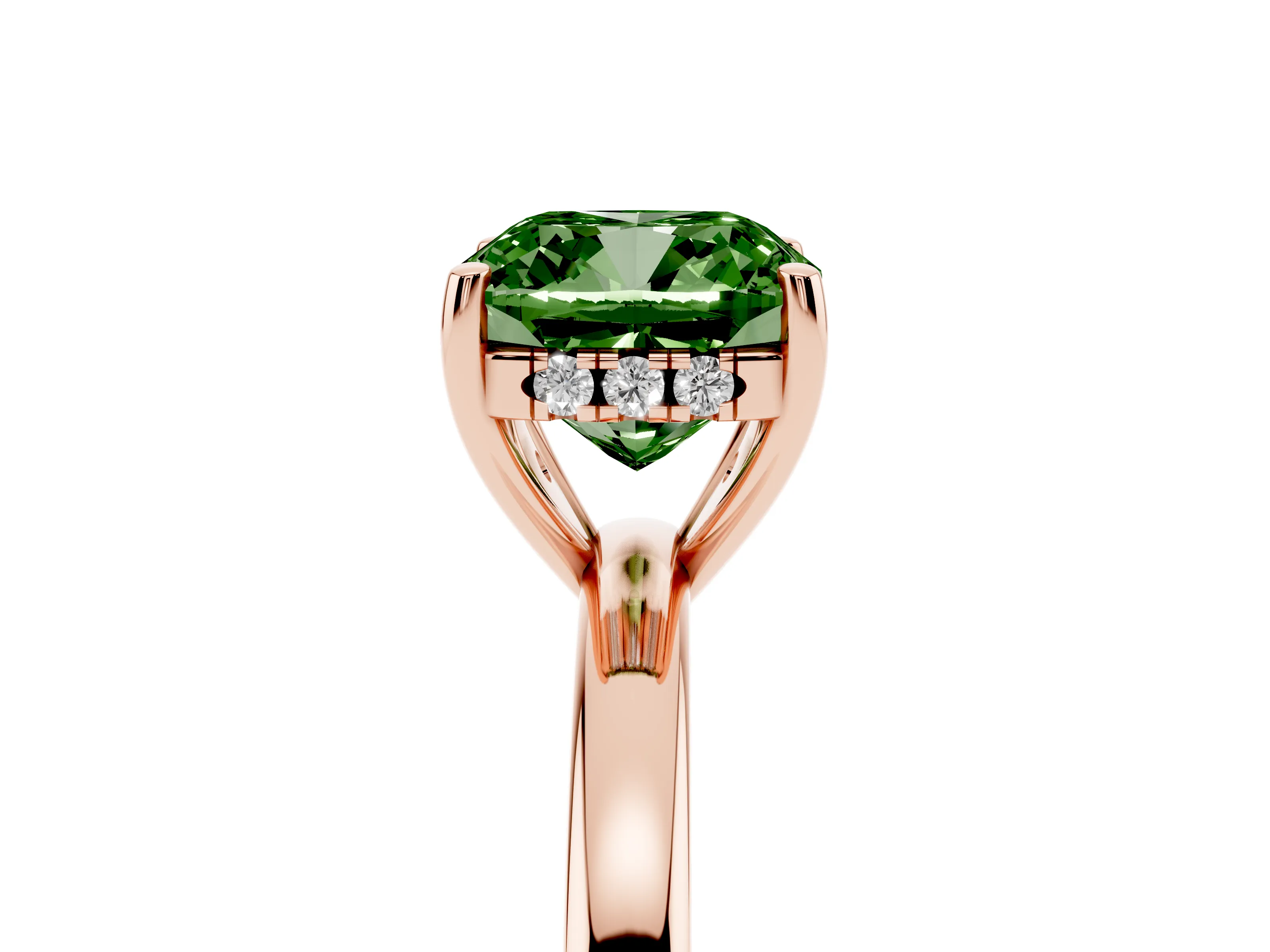 Fancy Green Cushion Cut Diamond Solitaire Ring Set in Rose gold with Plain Band and Prong Setting