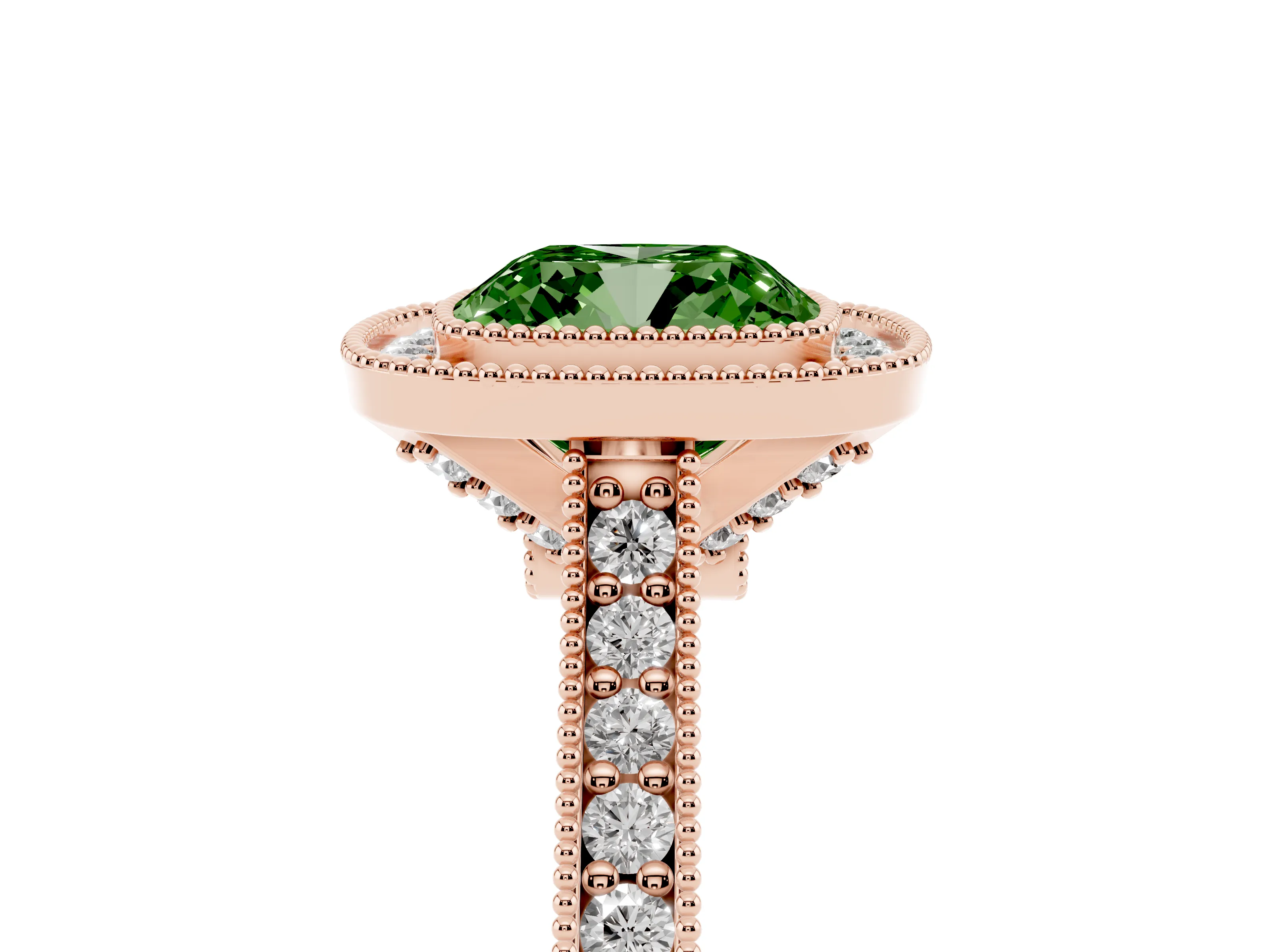 Fancy Green Cushion Cut Diamond Halo Milgrain Pavé Band Ring Set in Rose gold with Prong Setting