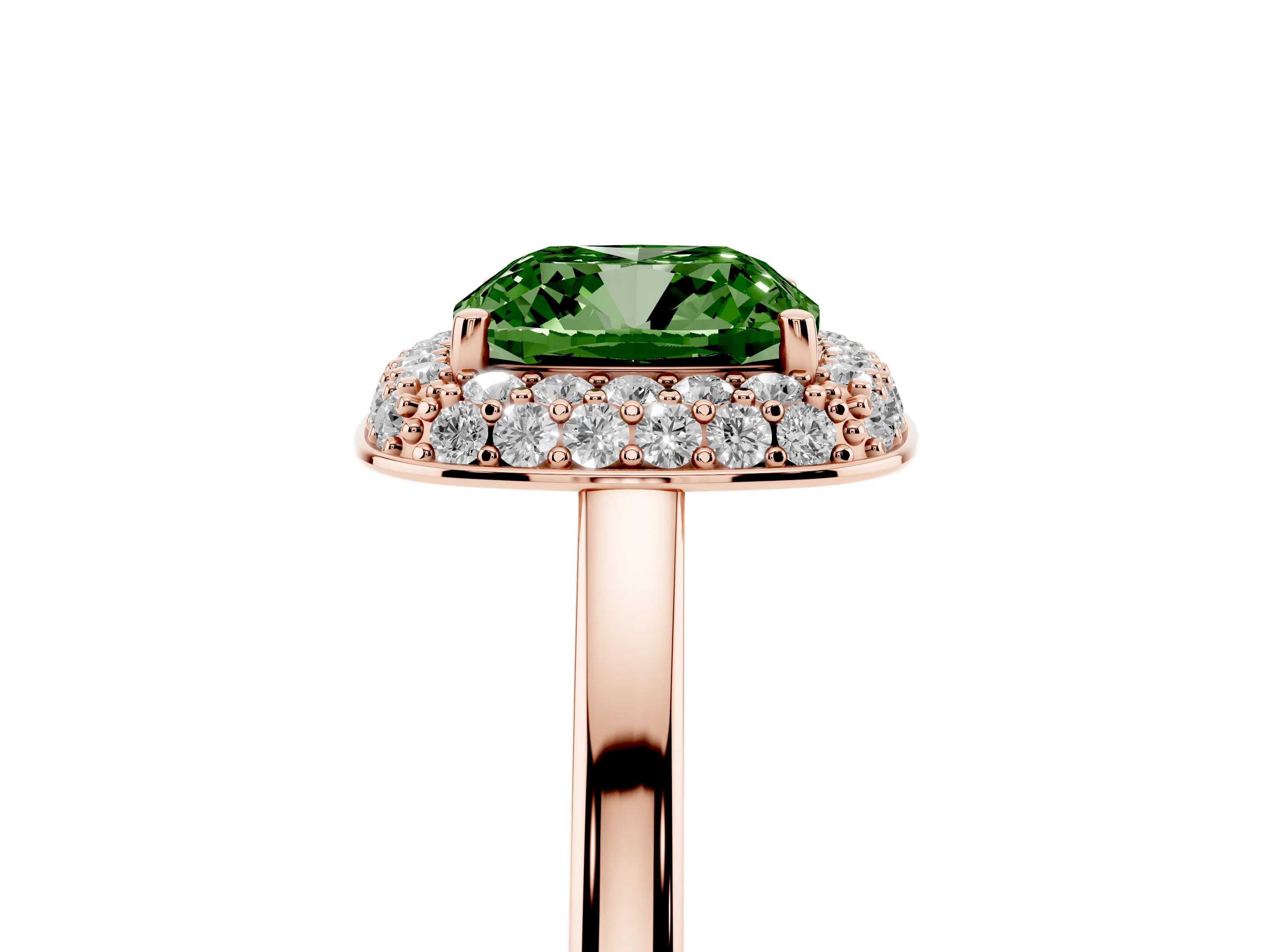 Fancy Green Cushion Cut Diamond Halo Engagement Ring Set in Rose gold with Solitaire Band and Prong Setting