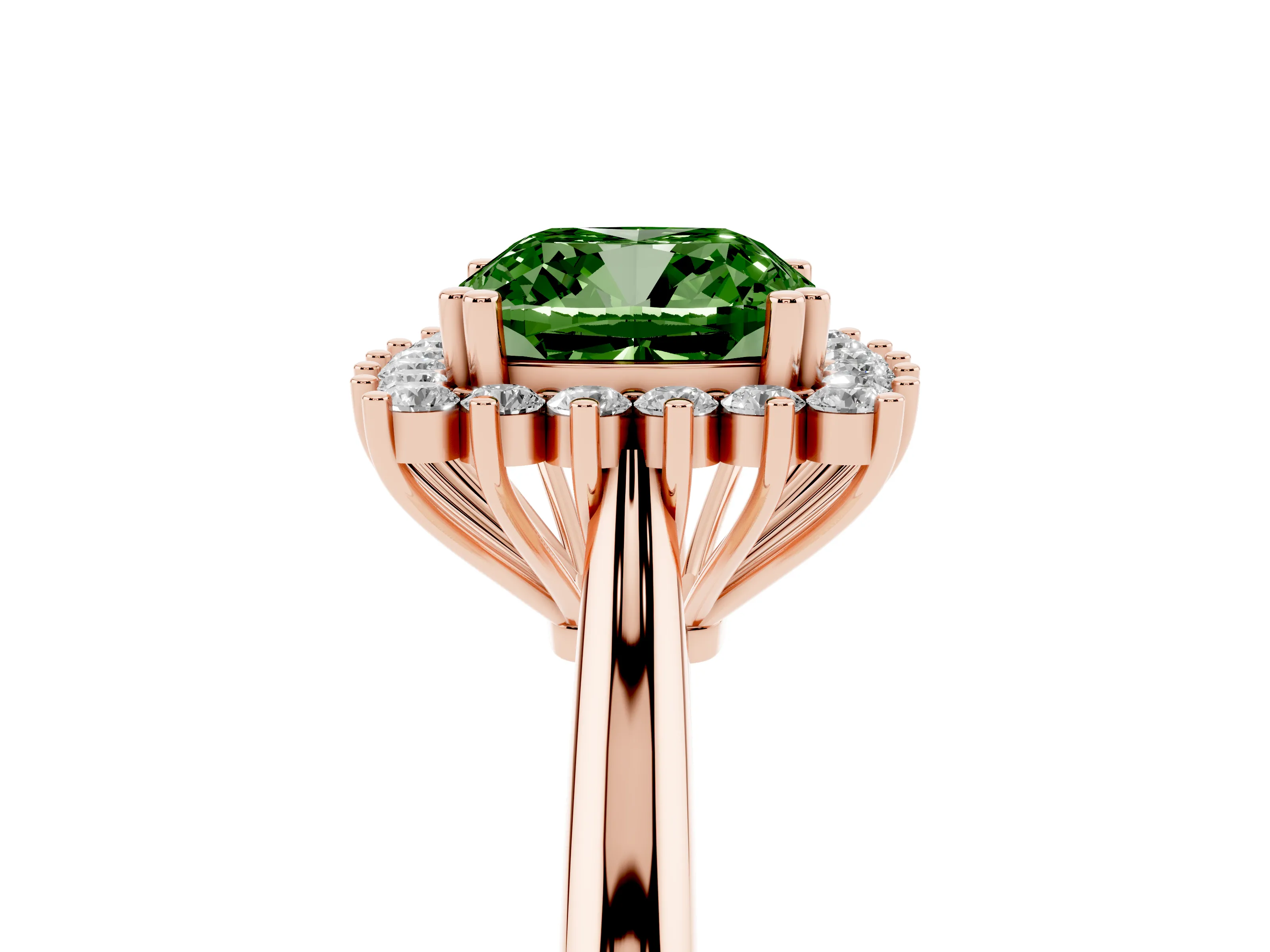 Fancy Green Cushion Cut Diamond Halo Ring Set in Rose gold with Plain Solitaire Band and Prong Setting