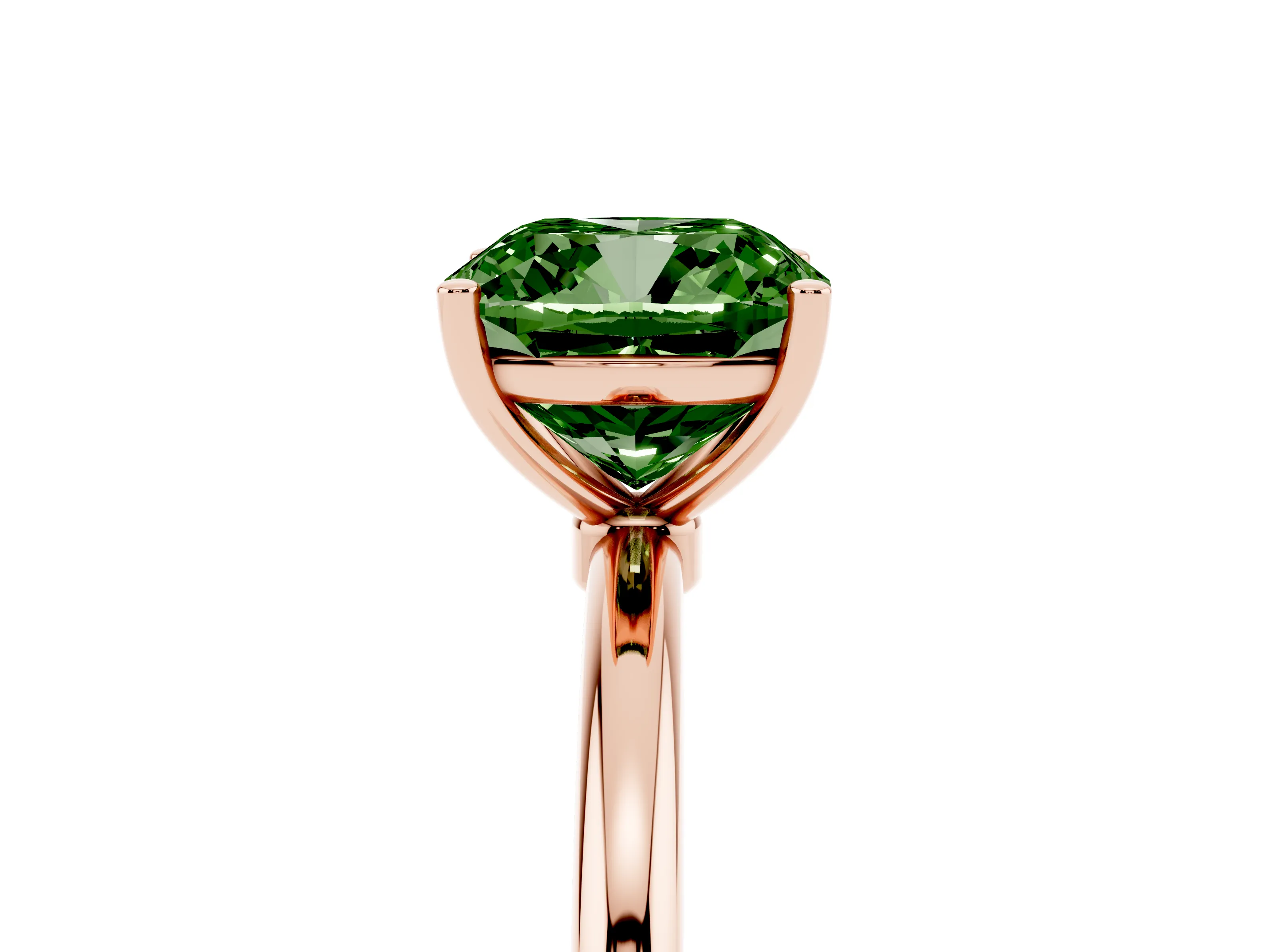 Fancy Green Cushion Cut Diamond Solitaire Engagement Ring Set in Rose gold with Thin Band and Prong Setting