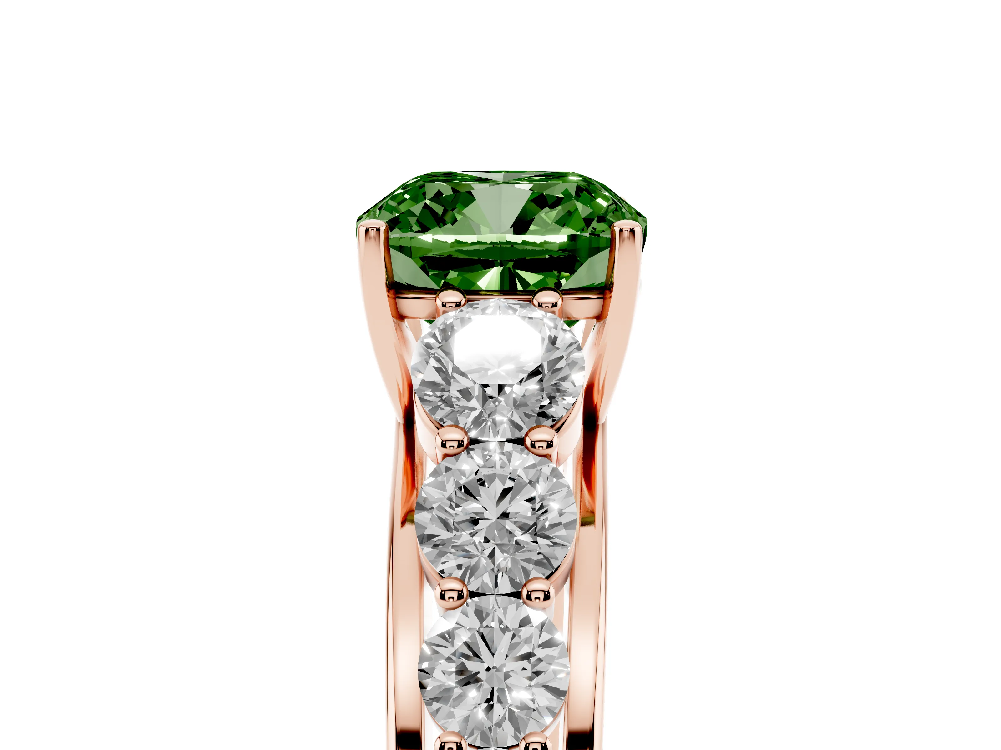 Fancy Green Cushion Cut Diamond Solitaire Ring Set in Rose gold with Pavé-Set Band and Prong Setting