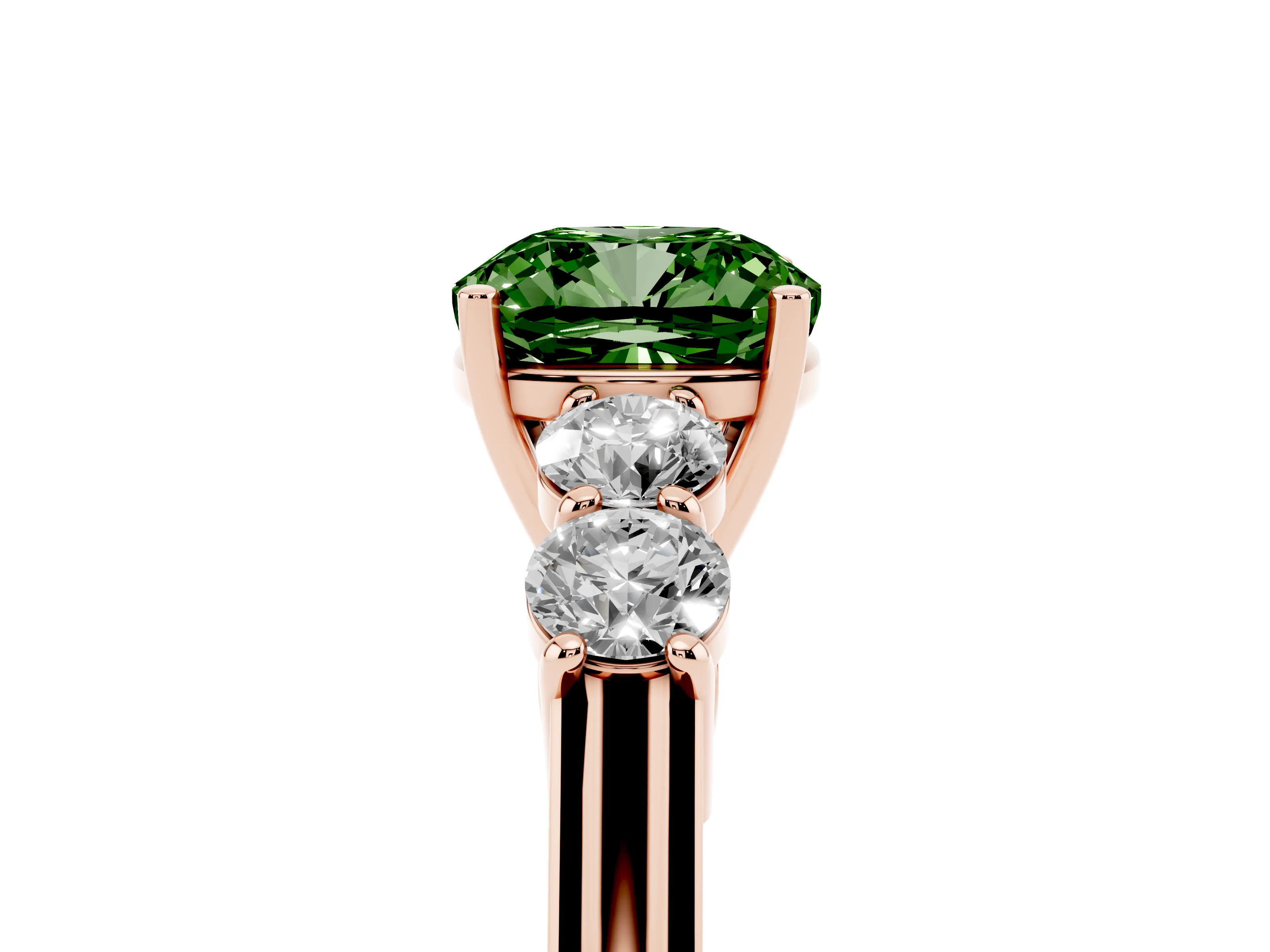 Fancy Green Cushion Cut Diamond Five-Stone Prong Set Band Ring Set in Rose gold with Polished Band