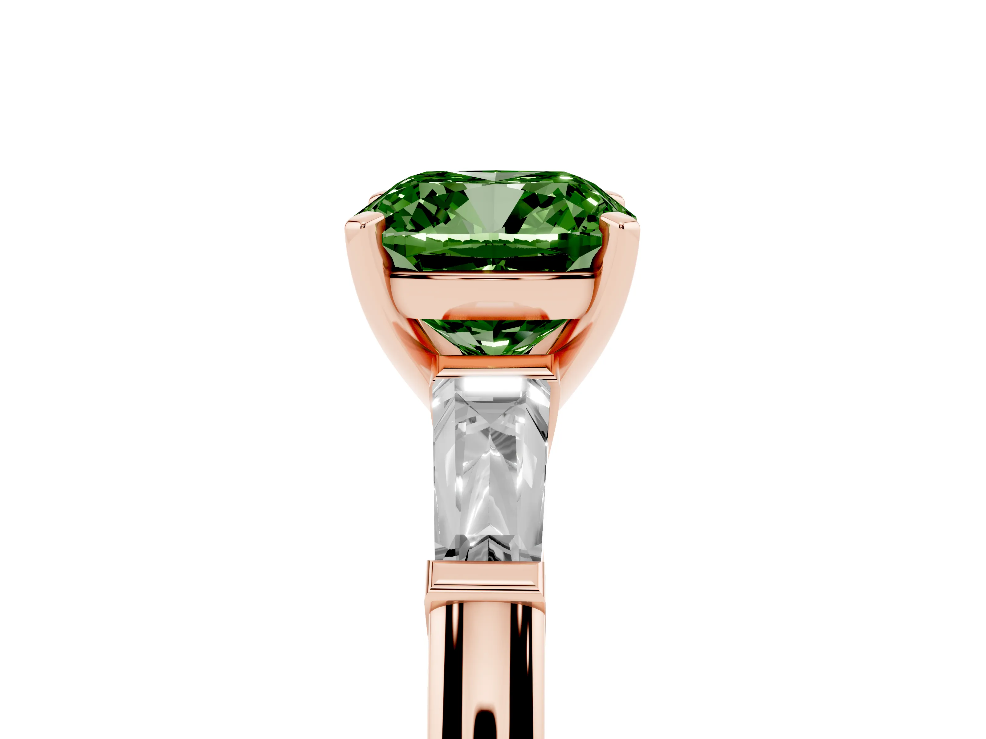 Fancy Green Cushion Cut Diamond Solitaire Ring Set in Rose gold with Tapered Baguette Side Stones and Prong Setting