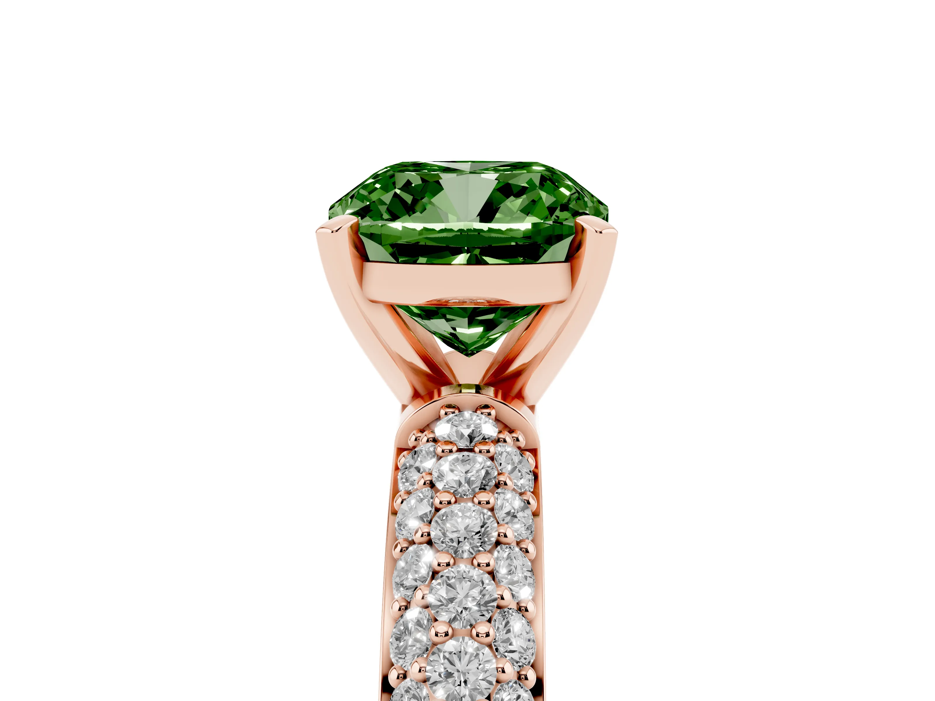Fancy Green Cushion Cut Diamond Solitaire Ring Set in Rose gold with Prong Setting and Pavé-Set Band