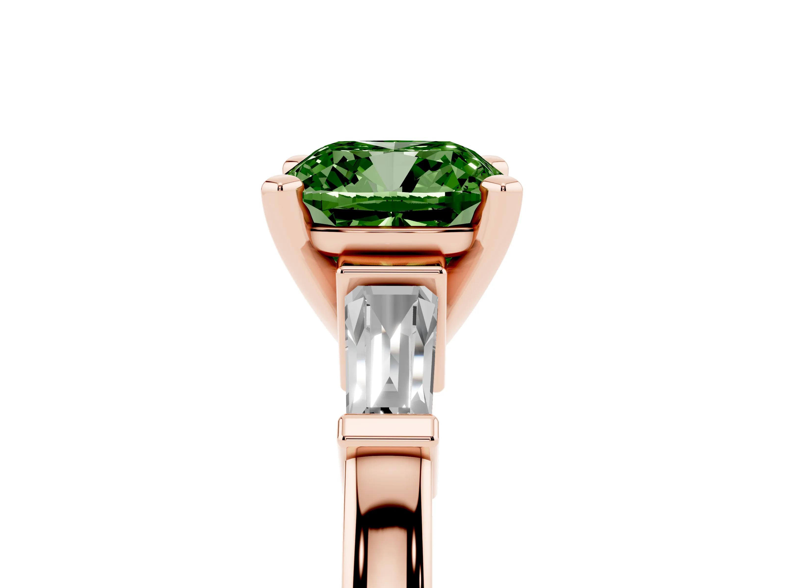 Fancy Green Cushion Cut Diamond Solitaire Ring Set in Rose gold with Tapered Baguette Accents and Prong Setting