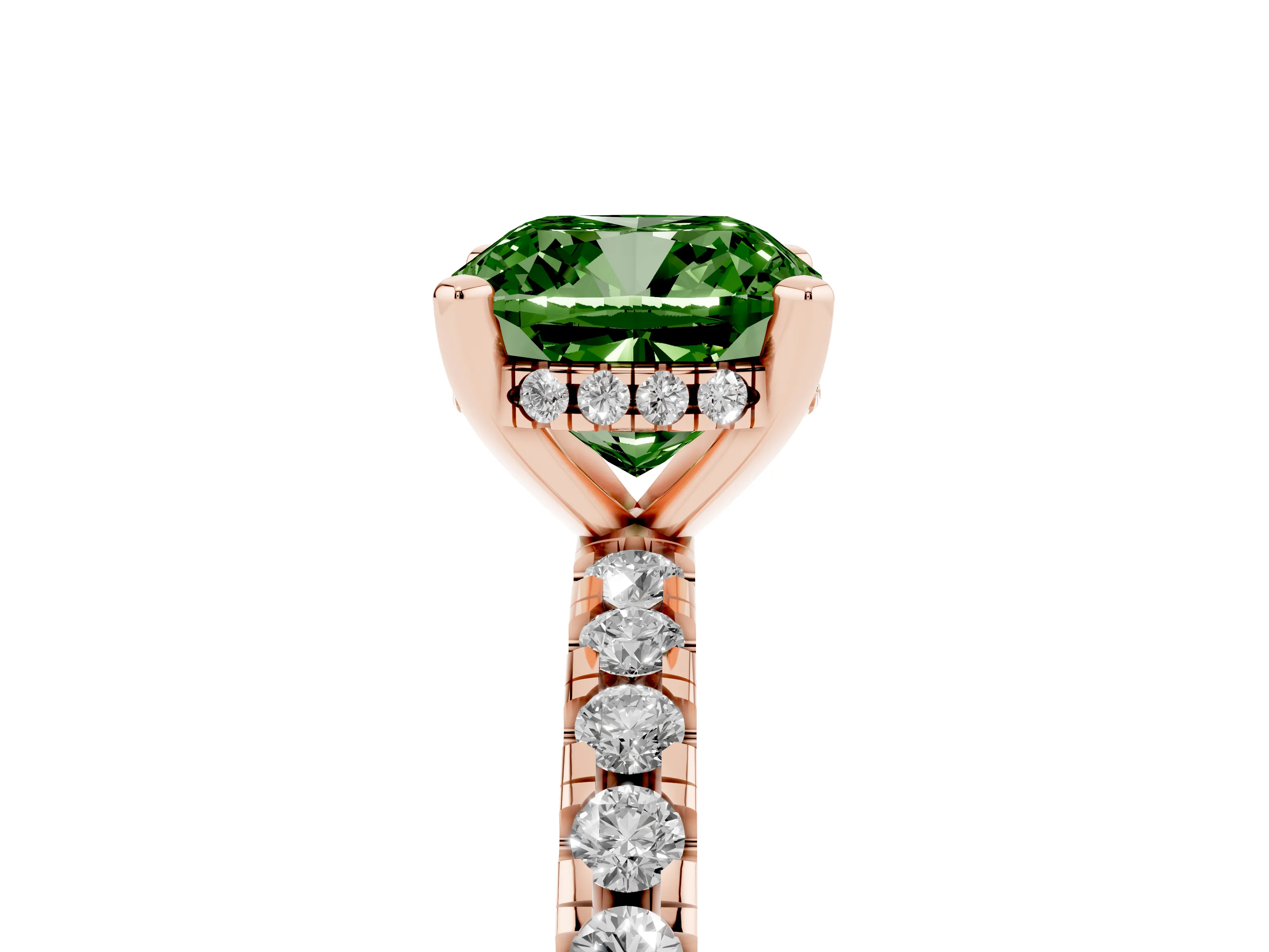 Fancy Green Cushion Cut Diamond Pavé Solitaire Ring Set in Rose gold with Round Band Accents and Prong Setting