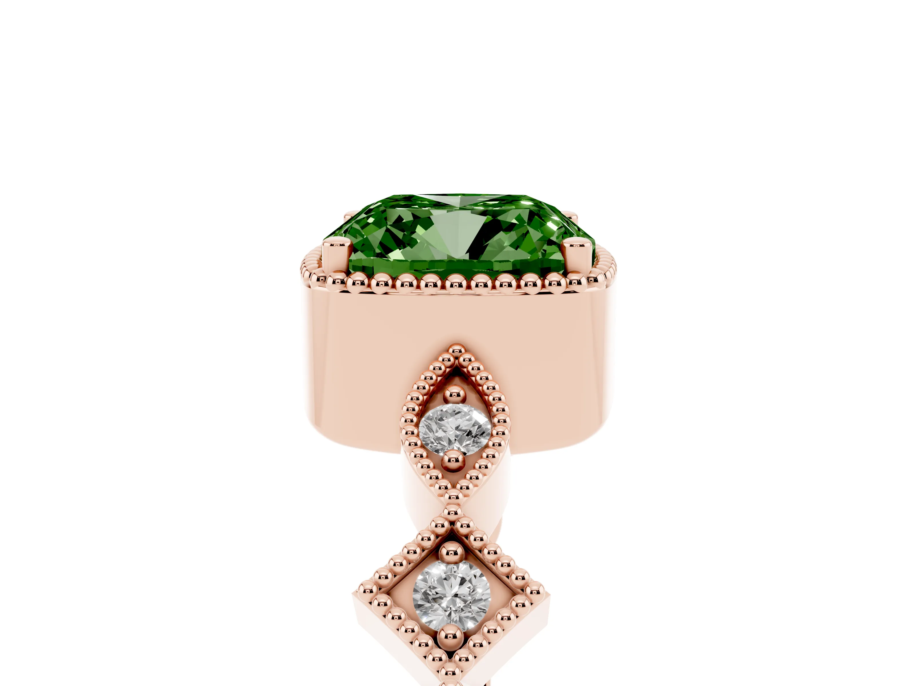 Fancy Green Cushion Cut Diamond Milgrain Marquise Twist Band Ring Set in Rose gold with Prong Setting