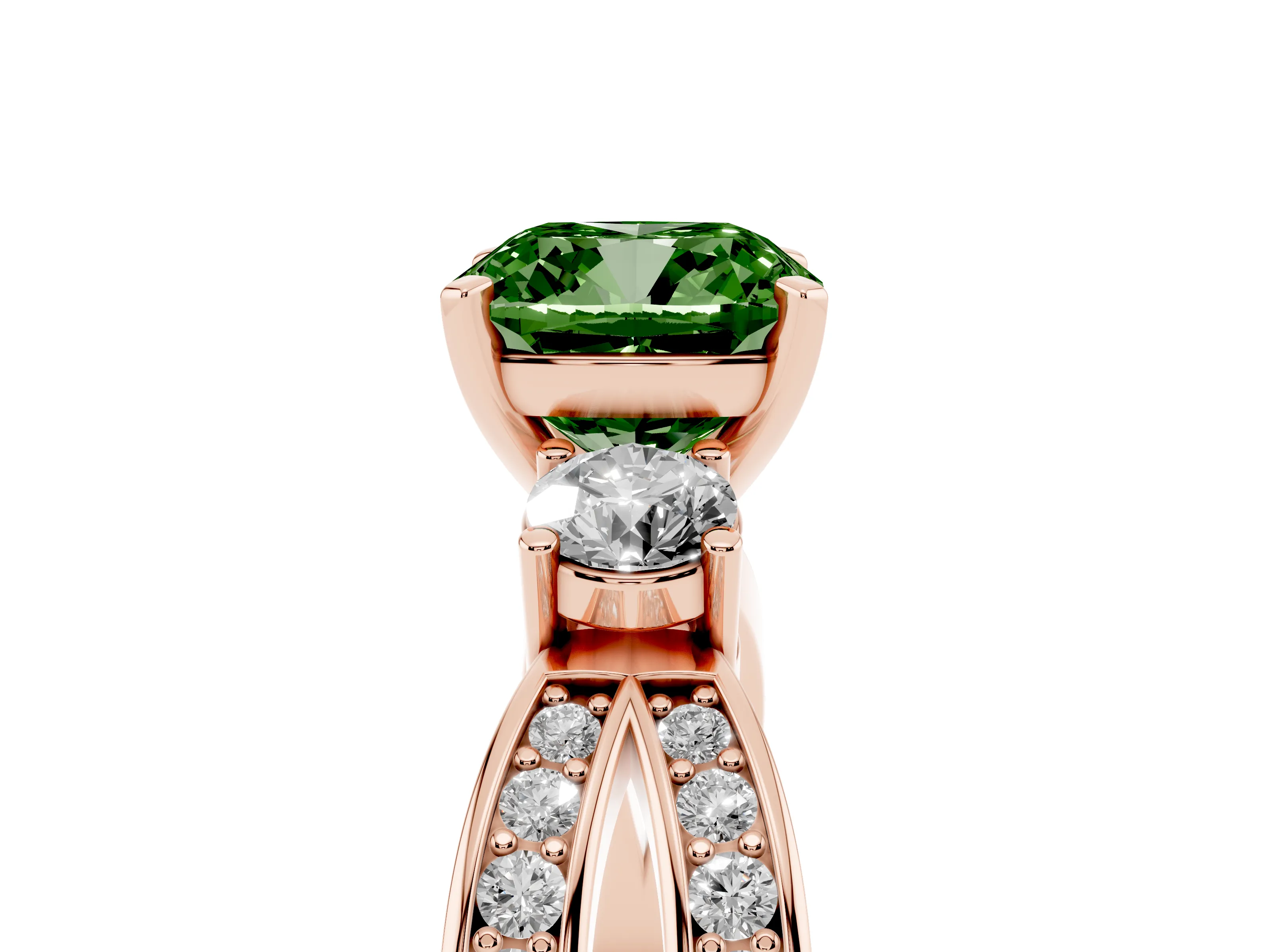 Fancy Green Three-Stone Cushion Cut Diamond Twist Band Ring Set in Rose gold with Pavé Accents and Prong Setting