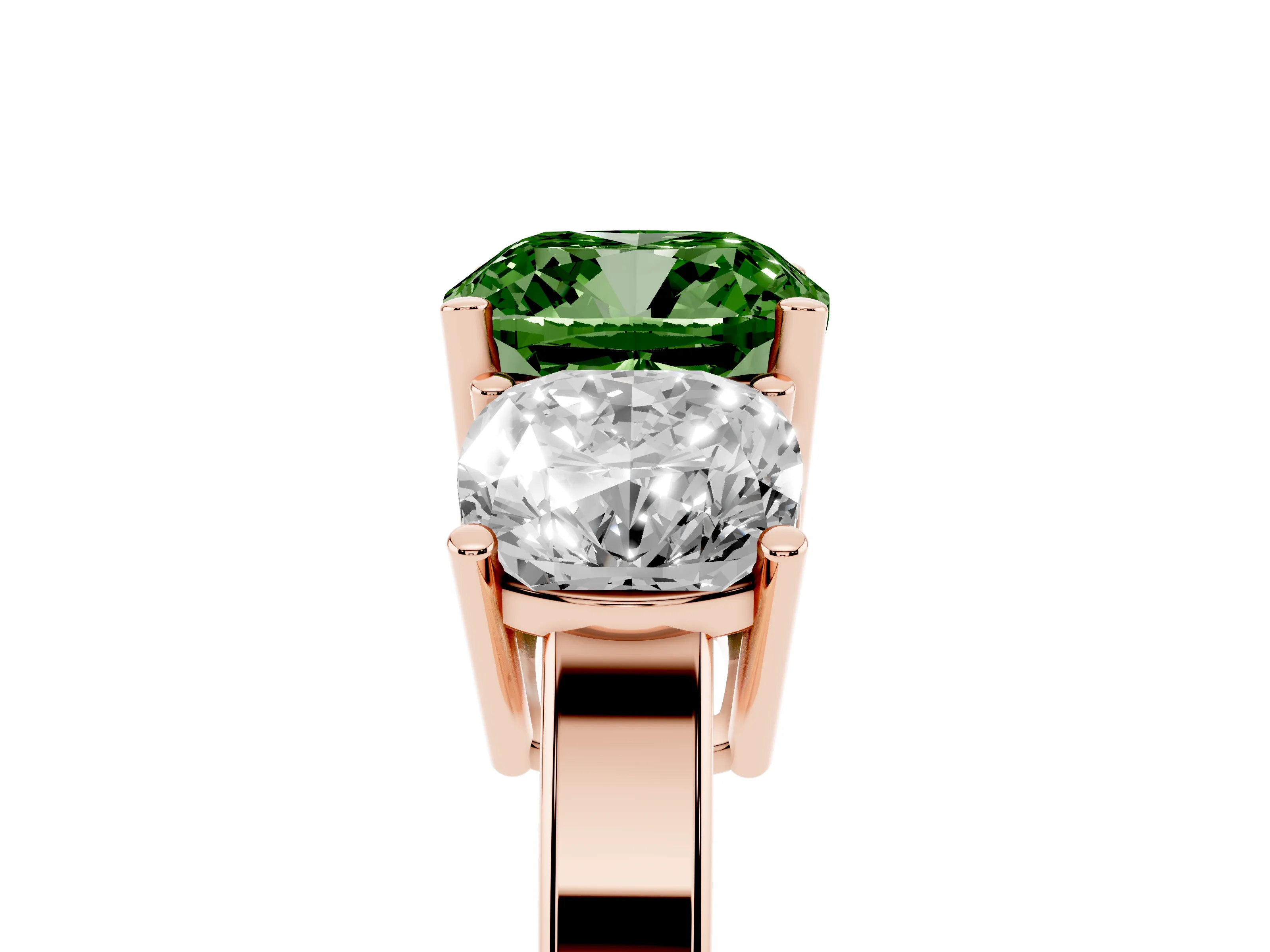 Fancy Green Cushion Cut Diamond Three-Stone Engagement Ring Set in Rose gold with Flat Band