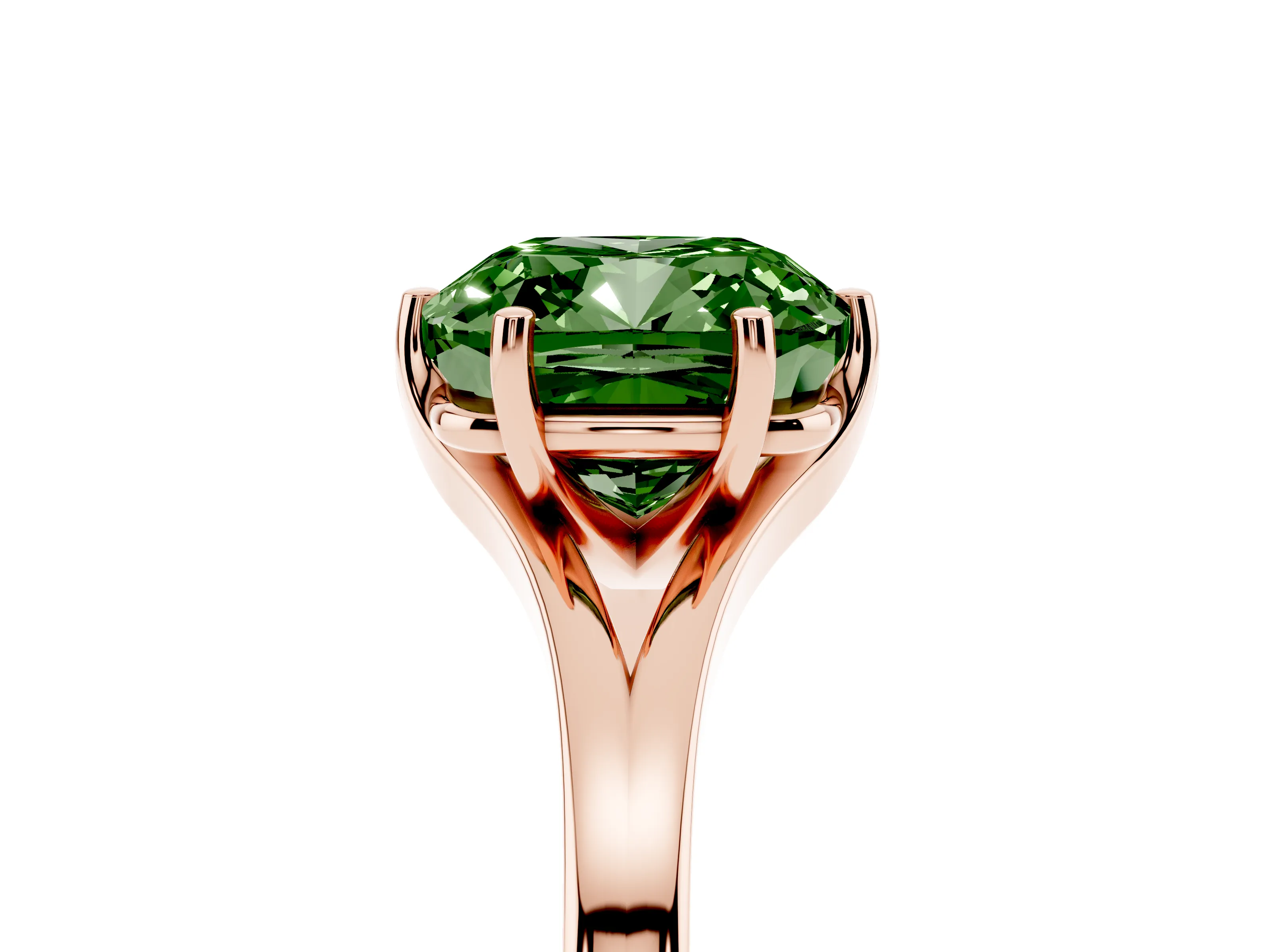 Fancy Green Cushion Cut Diamond Solitaire Ring Set in Rose gold with Polished Tapered Band and Prong Setting