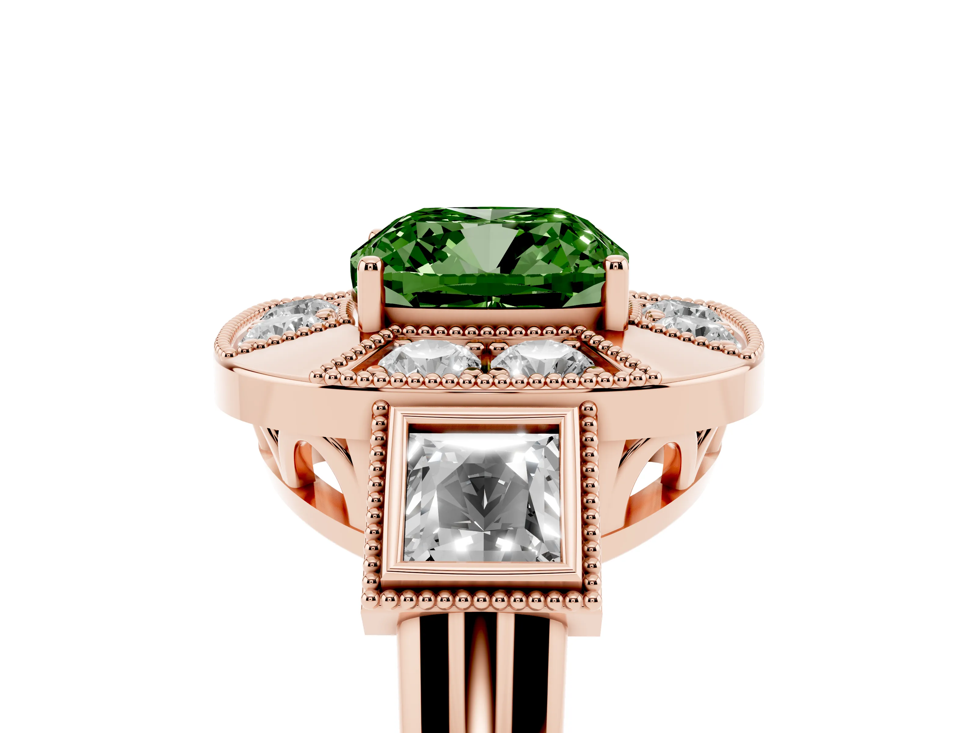 Fancy Green Cushion Cut Diamond Milgrain Halo Ring Set in Rose gold with Split Shank