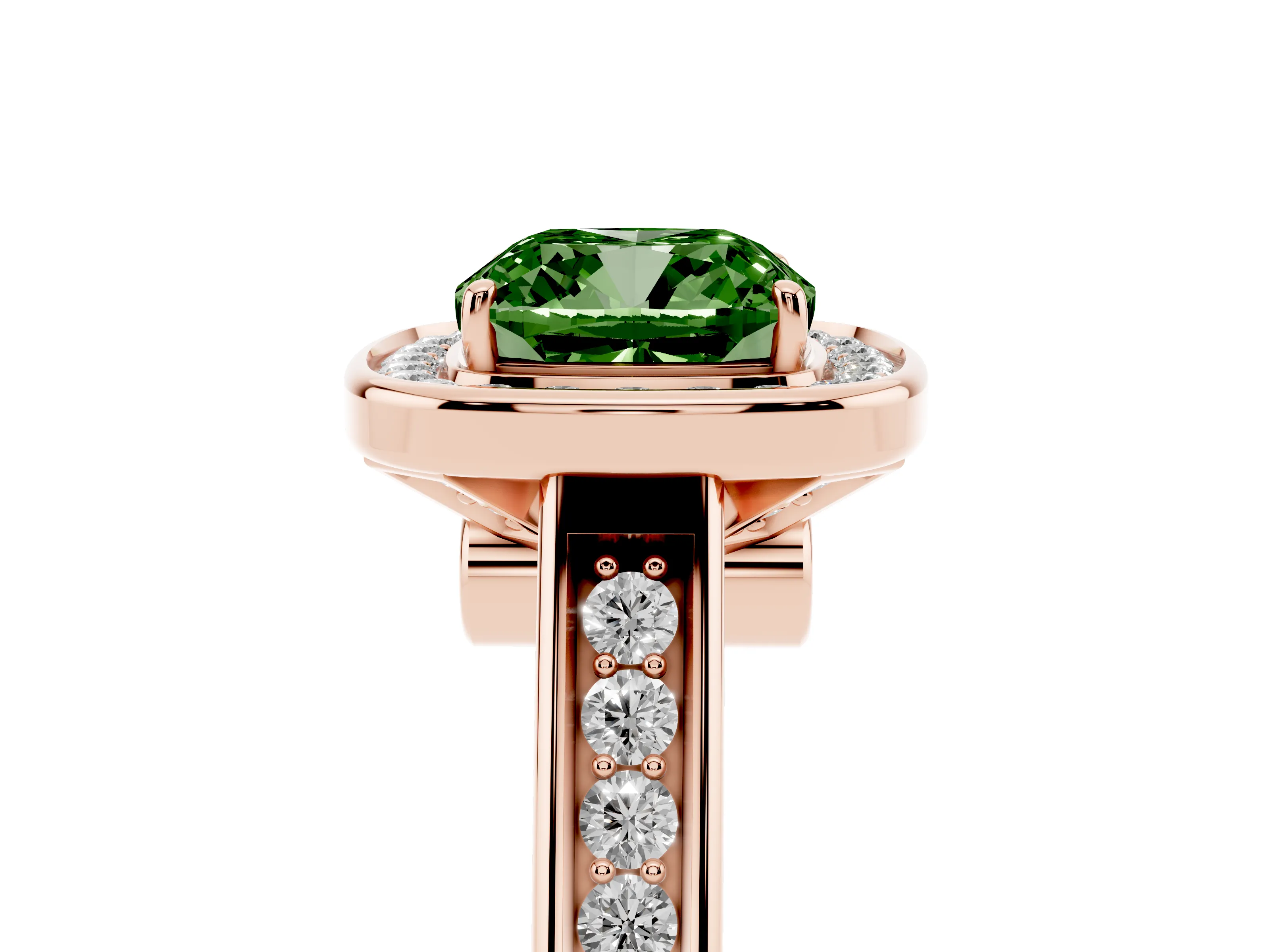 Fancy Green Cushion Cut Diamond Halo Solitaire Ring Set in Rose gold with Pavé Band and Bezel Setting
