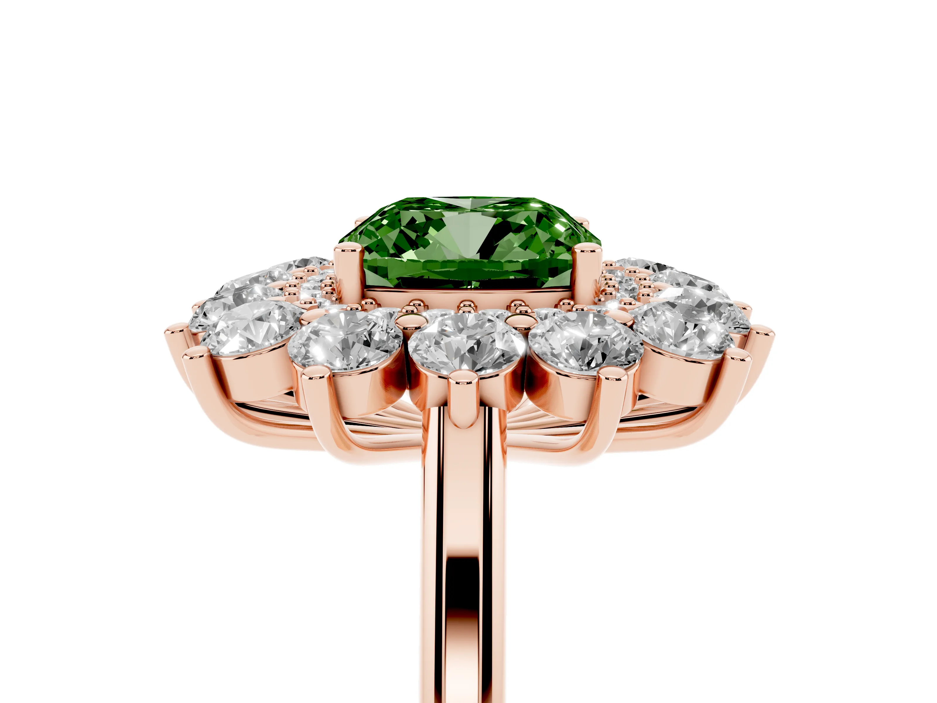 Fancy Green Cushion Cut Diamond Floral Double Halo Ring Set in Rose gold with Round Petals