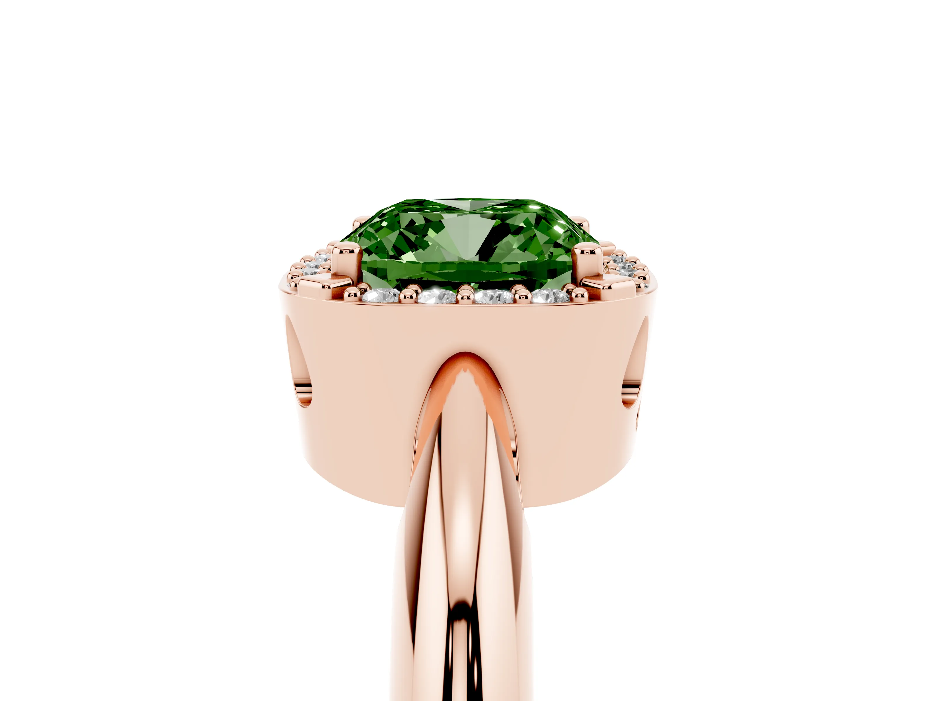 Fancy Green Cushion Cut Diamond Halo Engagement Ring Set in Rose gold with Plain Split Shank and Prong Setting