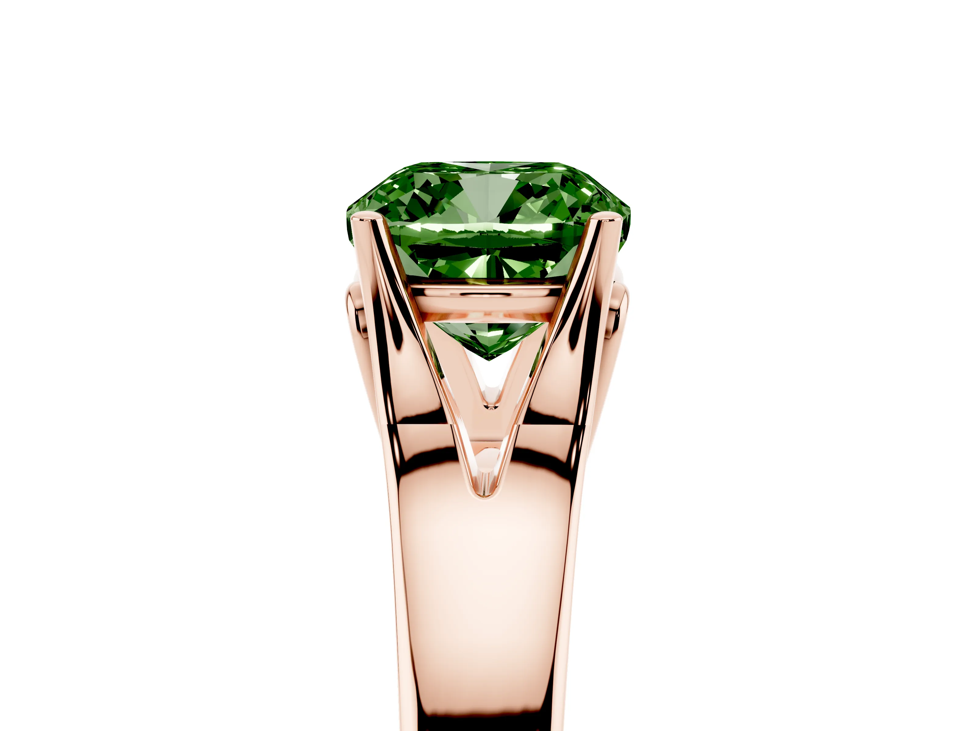 Fancy Green Cushion Cut Diamond Solitaire Ring Set in Rose gold with Arched Cathedral Band and Prong Setting